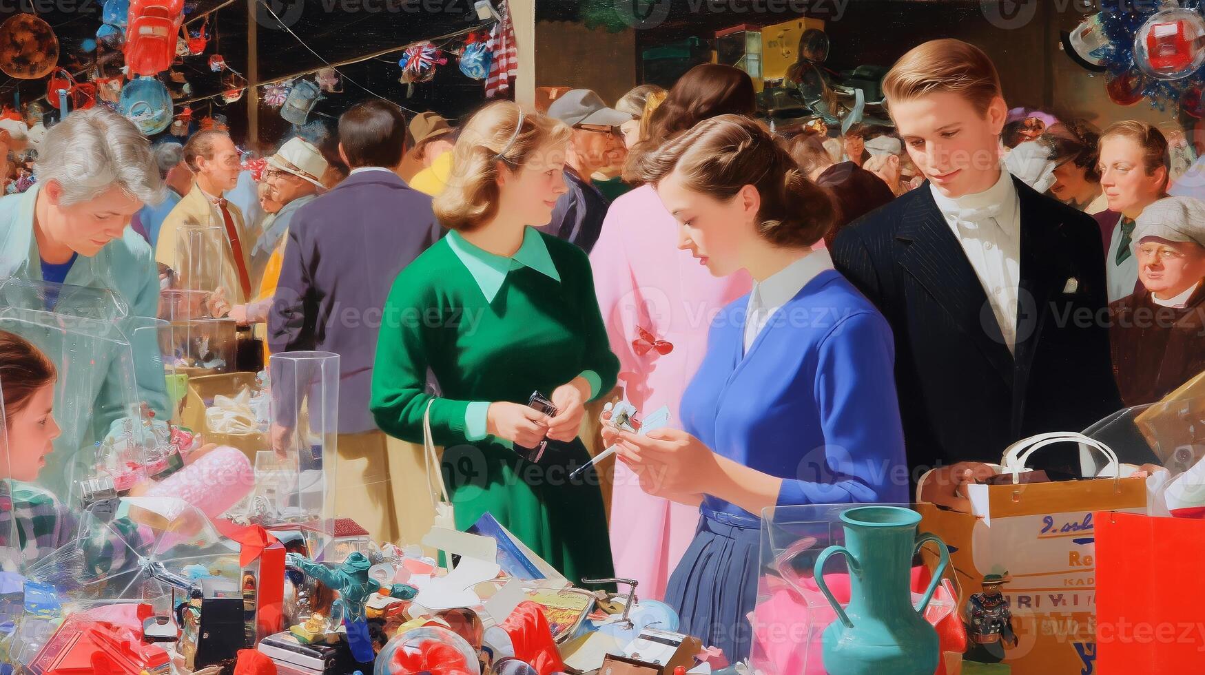 Vintage market gathering in vibrant clothing showcases shoppers exploring unique finds and treasures photo