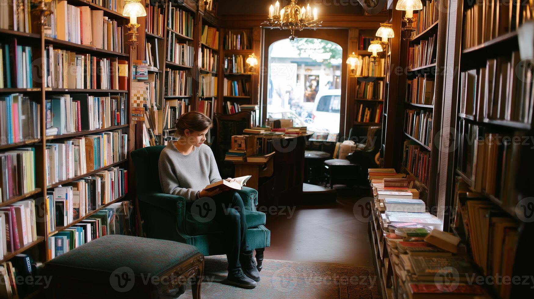 Cozy reading nook in a charming bookstore filled with shelves of books and soft lighting photo