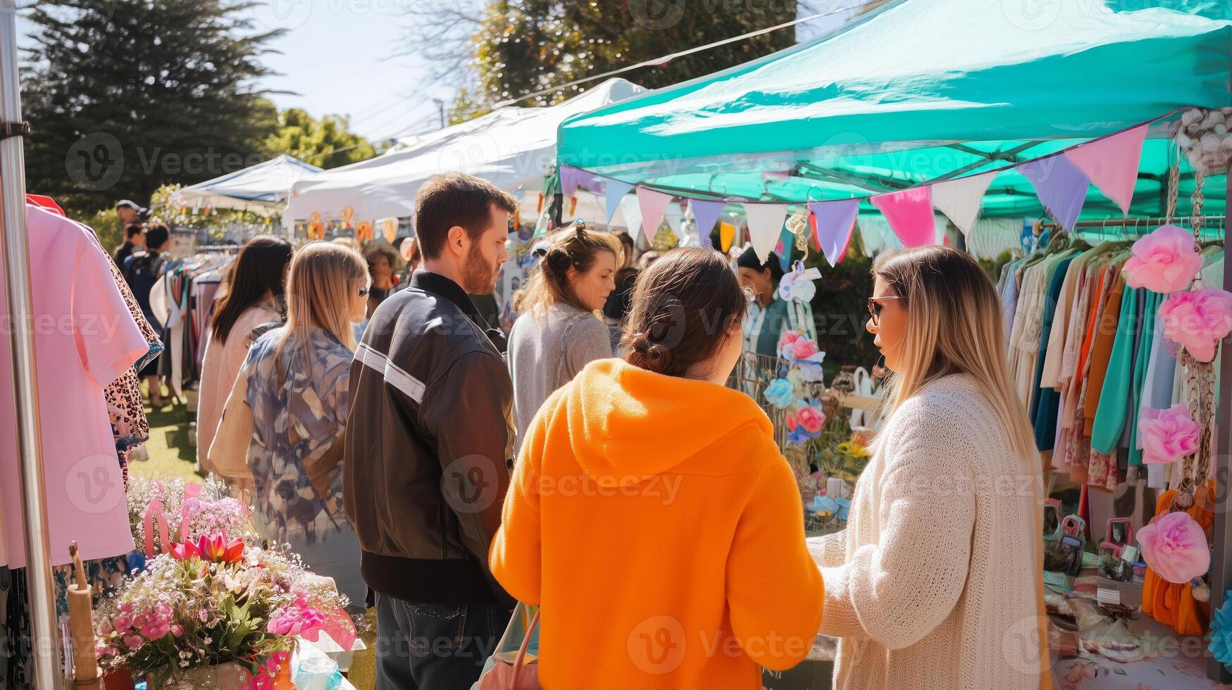 Community market offers vibrant atmosphere with local vendors and handmade crafts in sunny afternoon photo