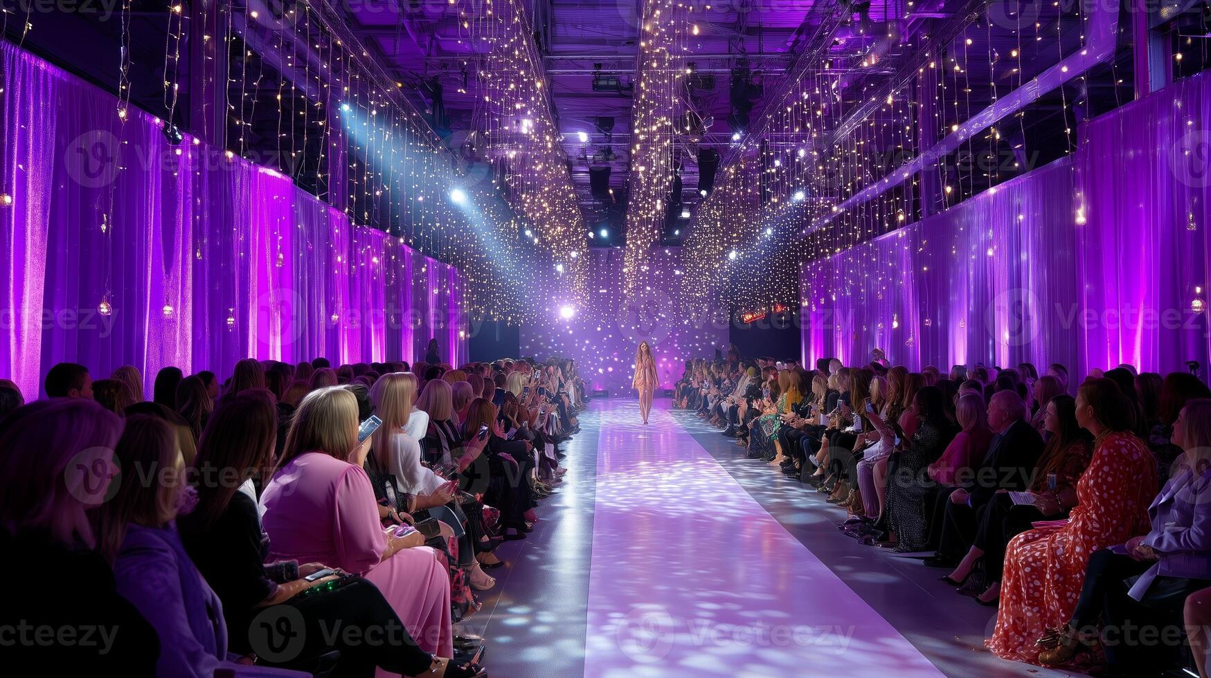 Fashion show featuring stunning designs under vibrant lights with an engaged audience in attendance photo