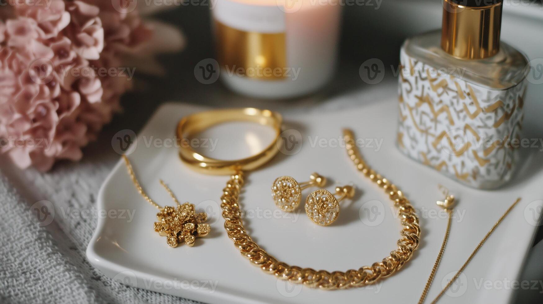 Elegant gold jewelry displayed with a candle and floral arrangement in a cozy setting photo