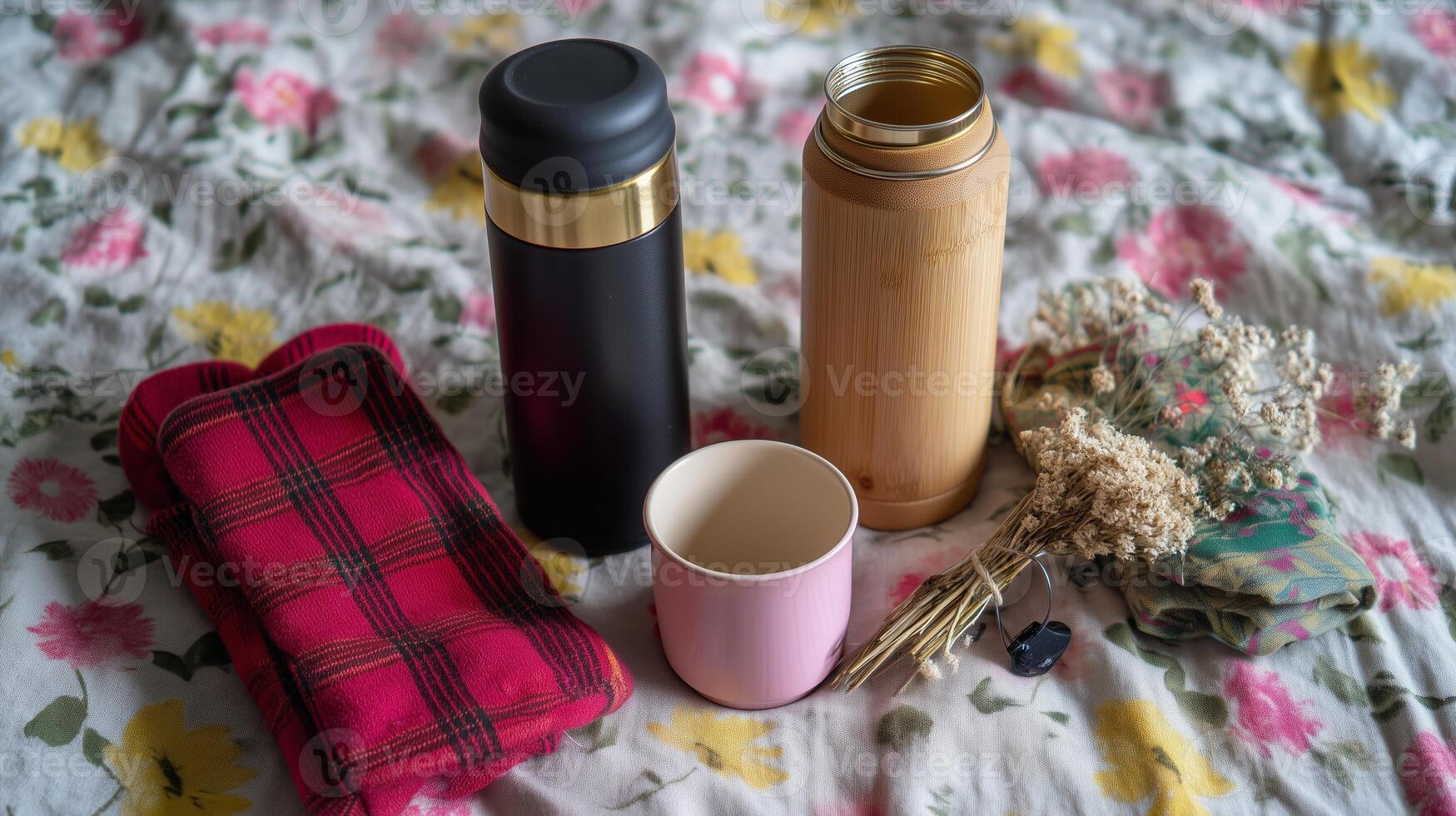 Hot beverages preparation in a cozy setting with thermoses and floral details photo