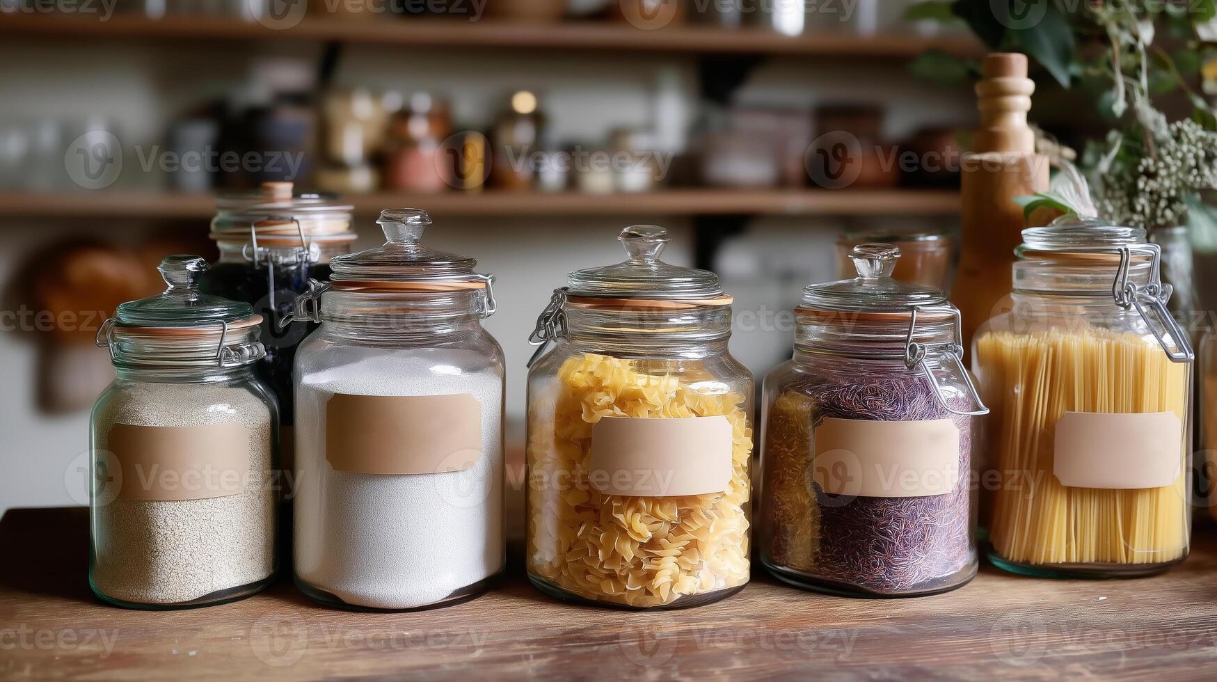 Glass jars filled with ingredients arranged on a wooden table in a cozy kitchen setting during the daytime photo