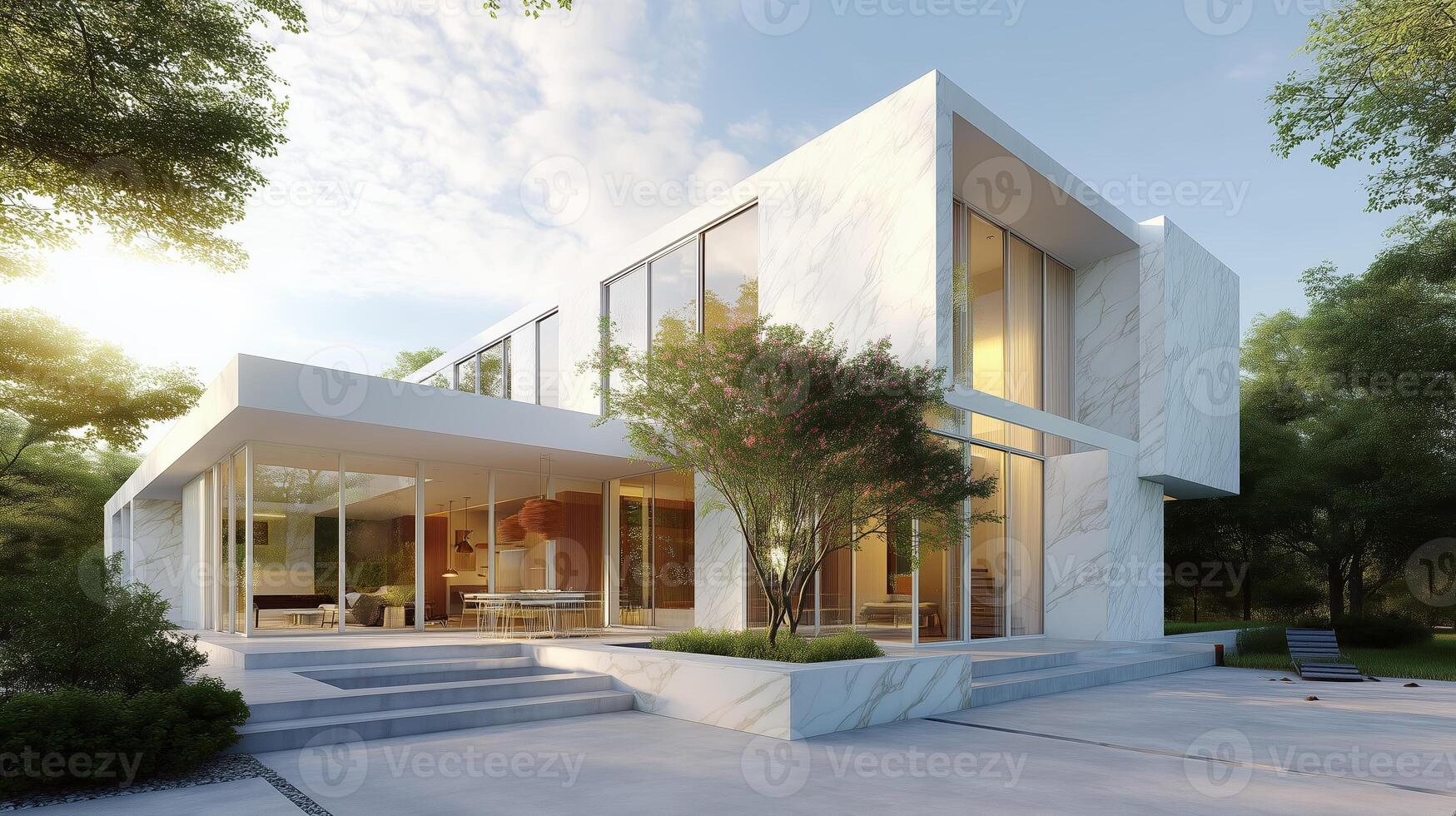 Modern architectural design of a sleek white house surrounded by greenery in the early evening light photo