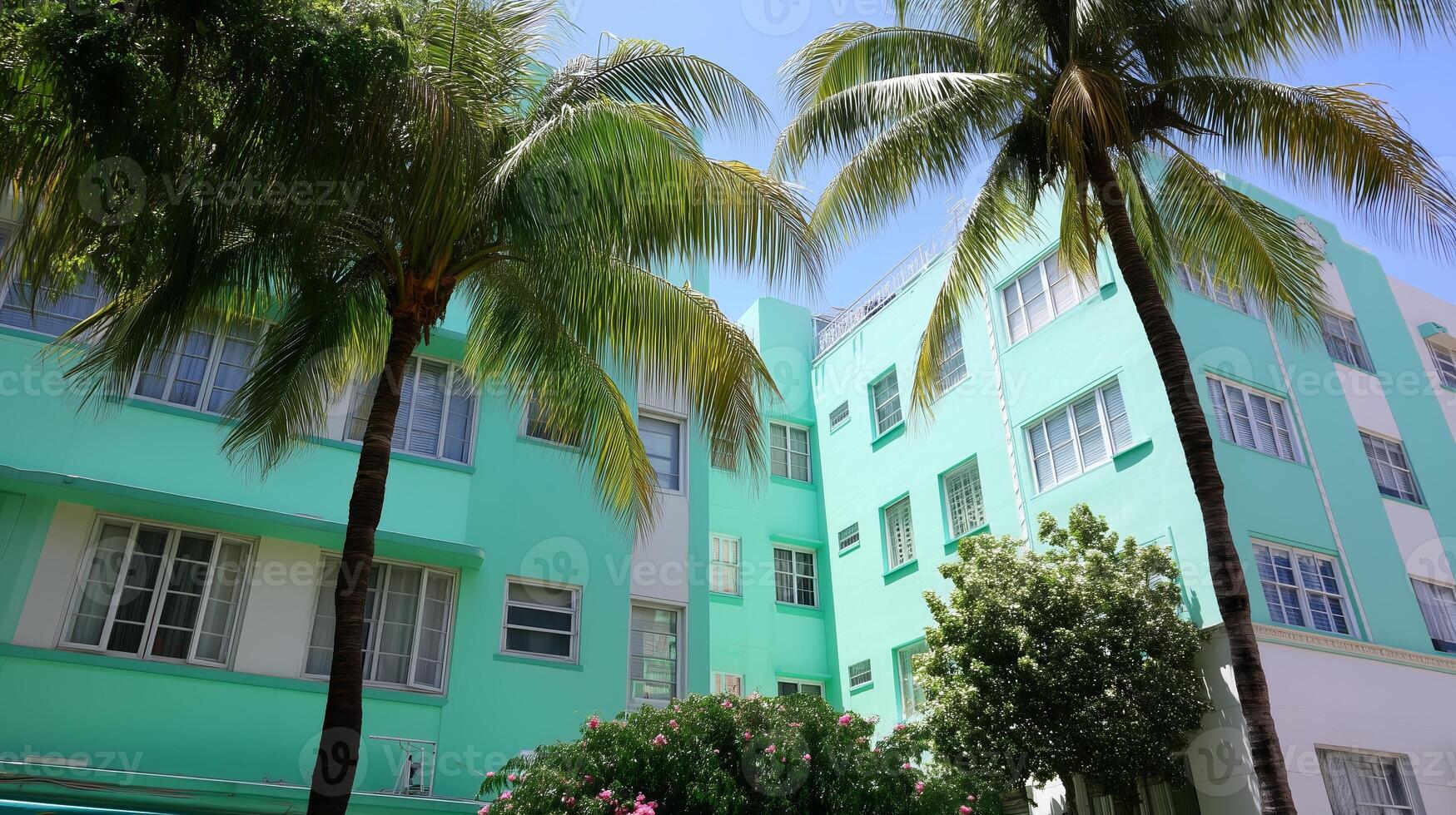 Vivid turquoise buildings and lush palm trees create a tropical atmosphere in a vibrant urban setting during the daytime photo