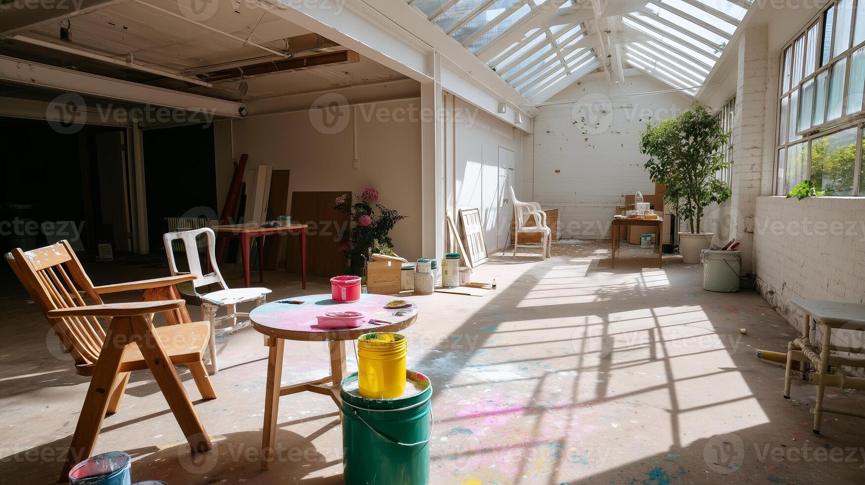 Bright and spacious artist studio with natural light and colorful paints in a creative workspace photo