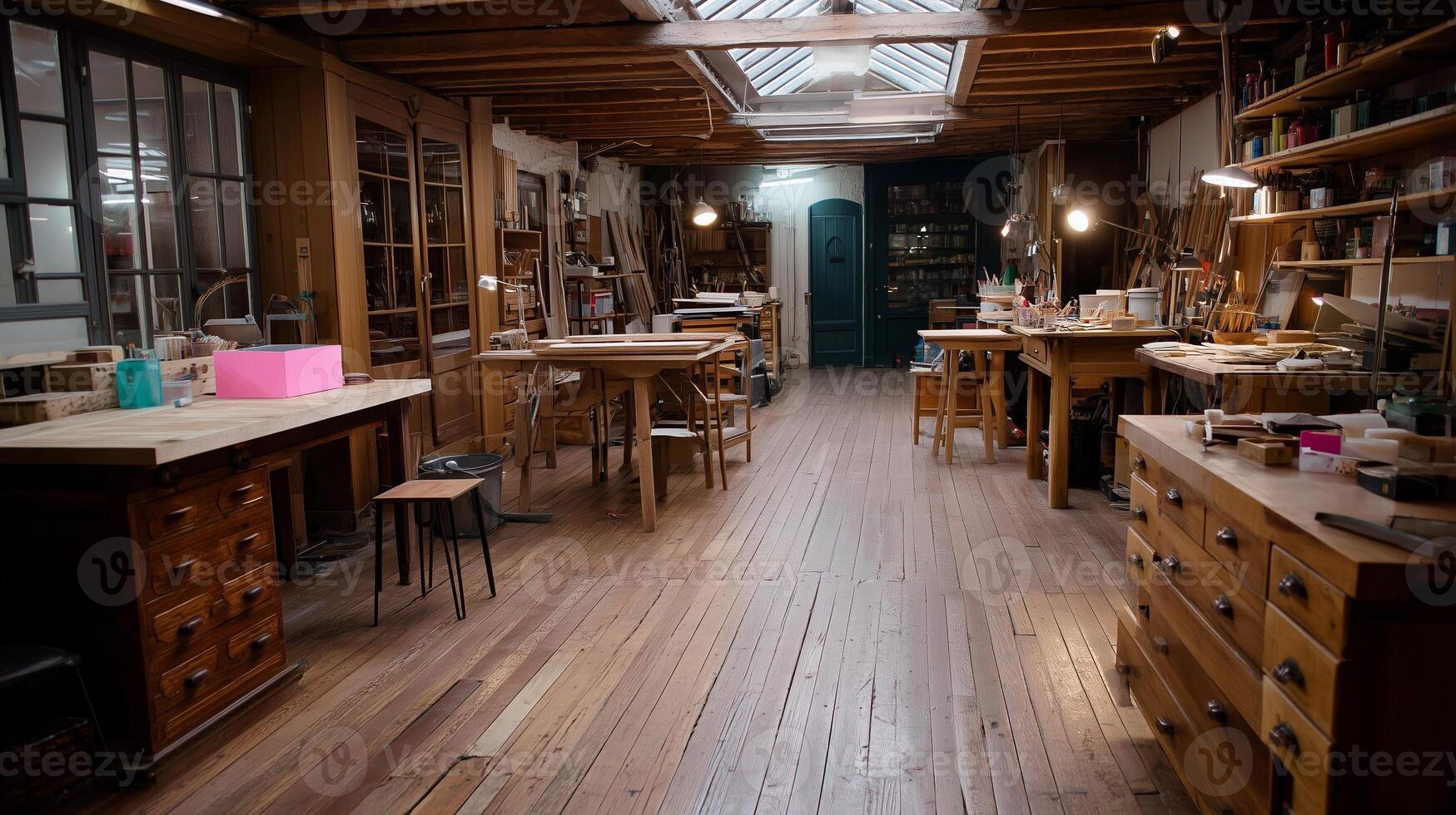 Creative workspace with wooden tables and tools in a bright art studio during the day photo