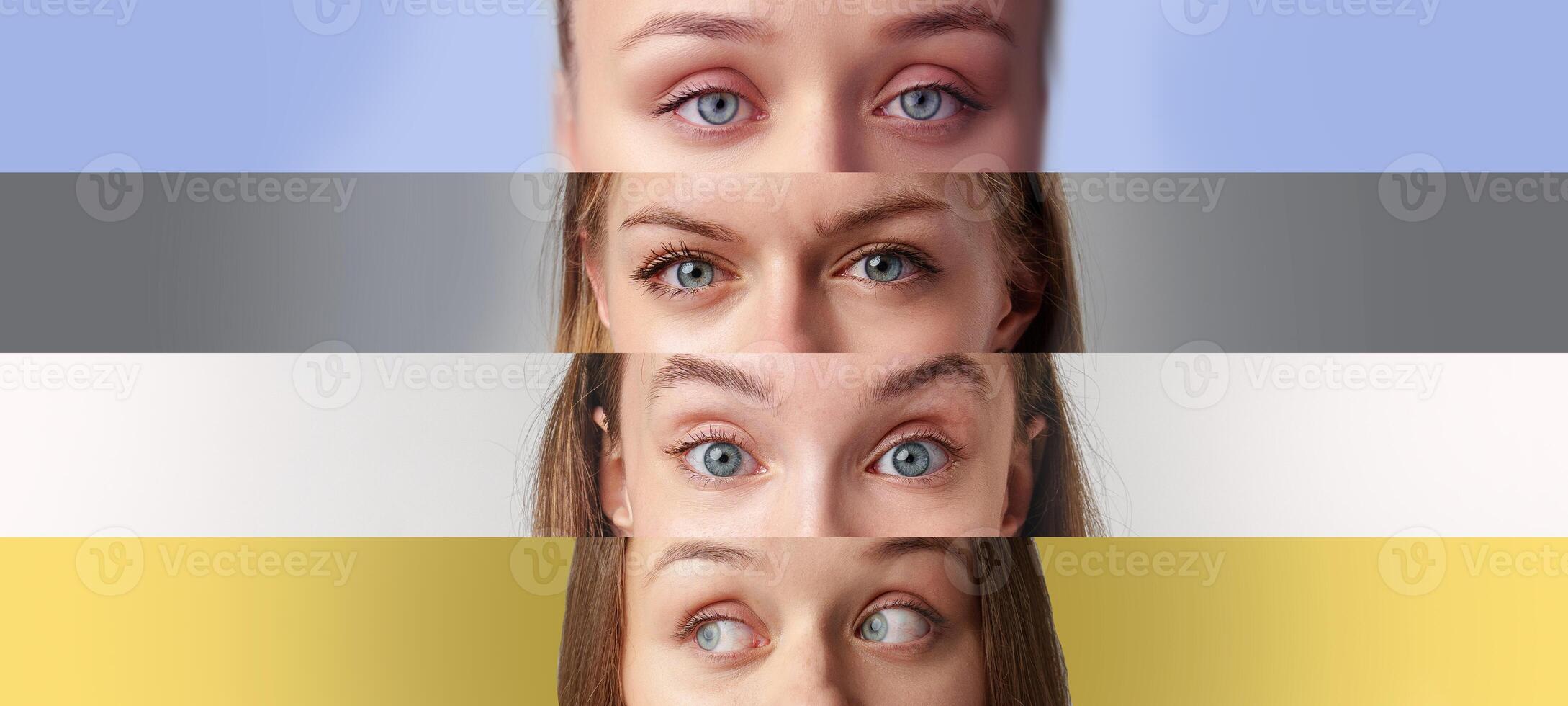 Close-up view of diverse eyes showcasing different eye colors and expressions against a gradient background in an artistic arrangement photo