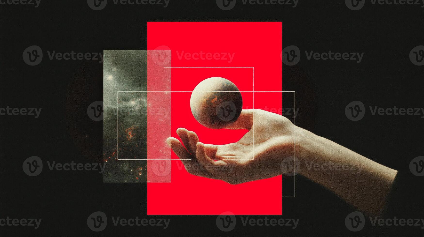 Artistic representation of a hand holding a small planet against a colorful abstract background in a creative digital design photo