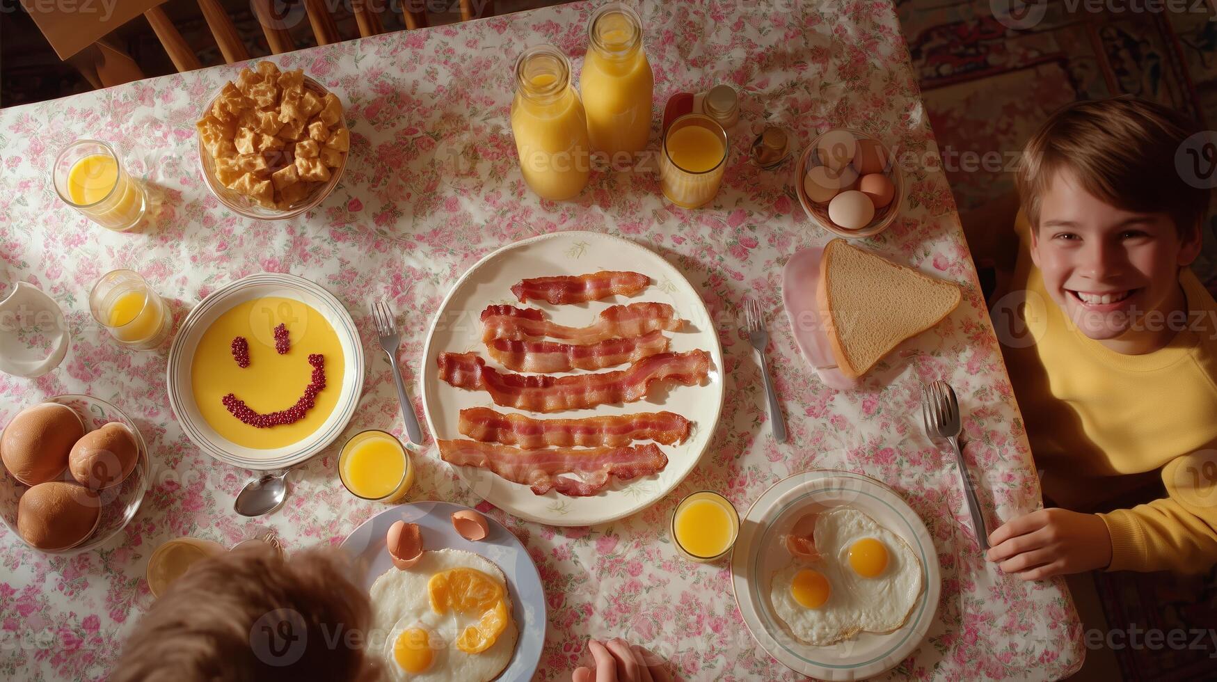 Delightful breakfast spread with smiling child at home table during morning hours photo