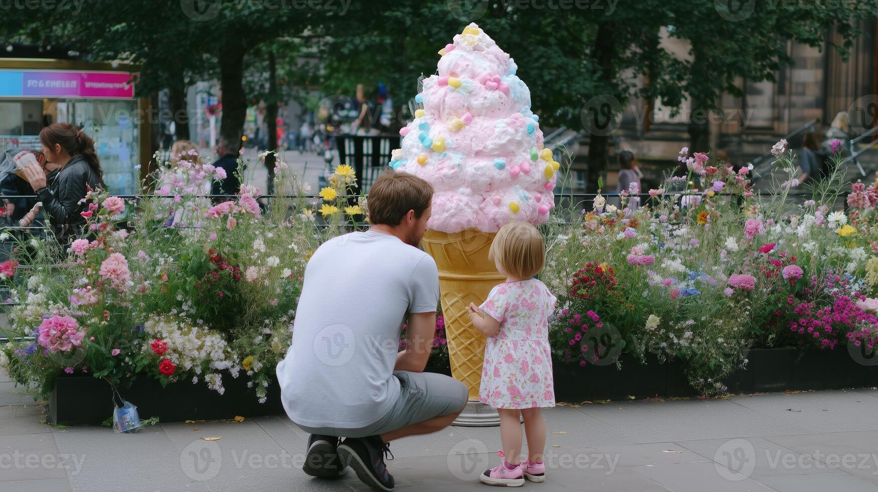 Father and daughter admire giant ice cream sculpture in floral display at city park during summer afternoon photo