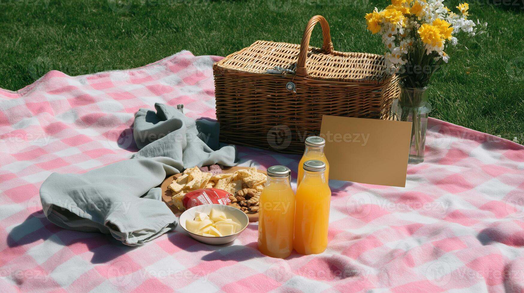 Relaxing picnic on a sunny day with delicious snacks and refreshing drinks in a park setting photo
