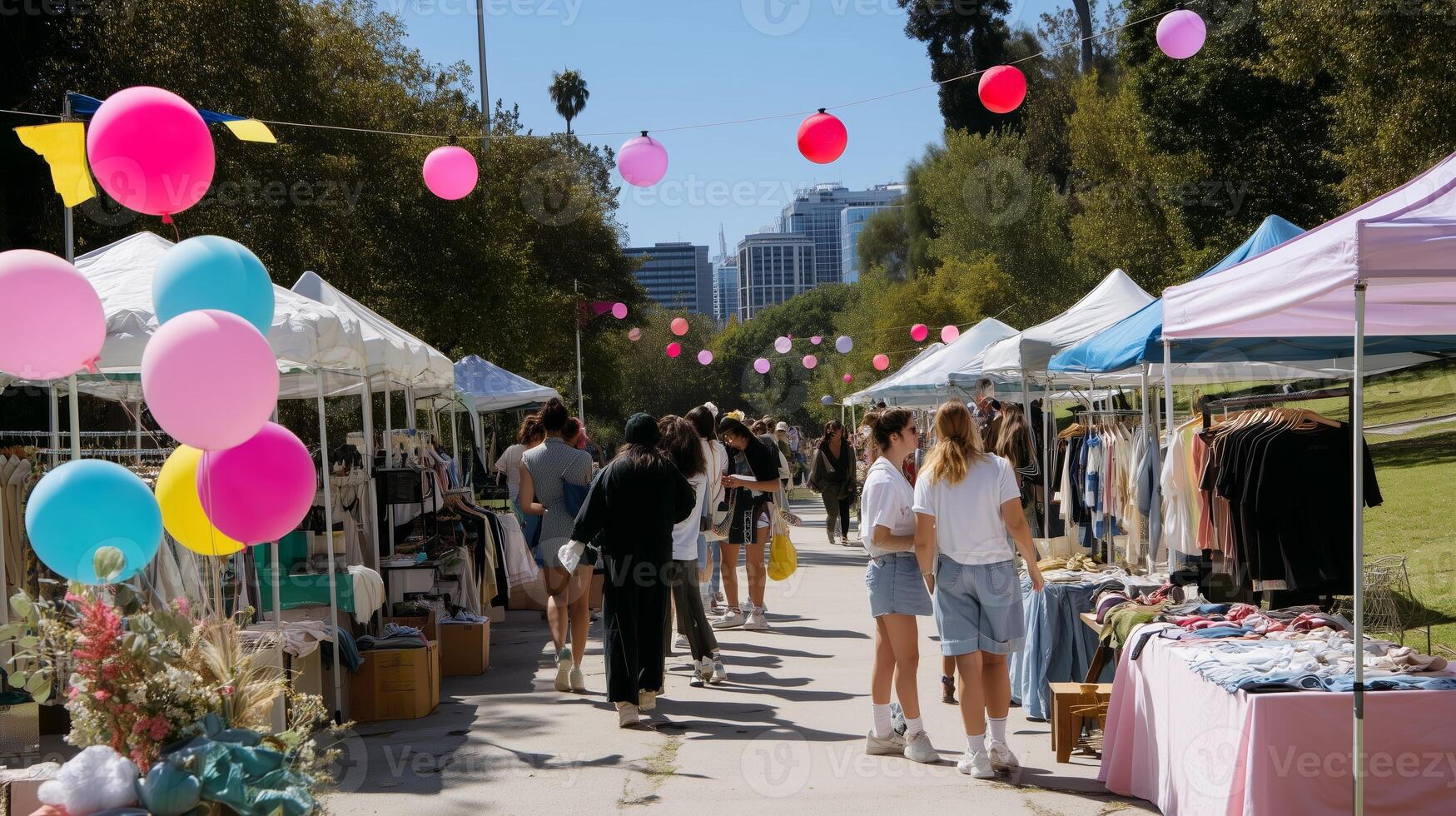 Outdoor market showcases local crafts and fashion in a vibrant park setting with colorful decorations photo