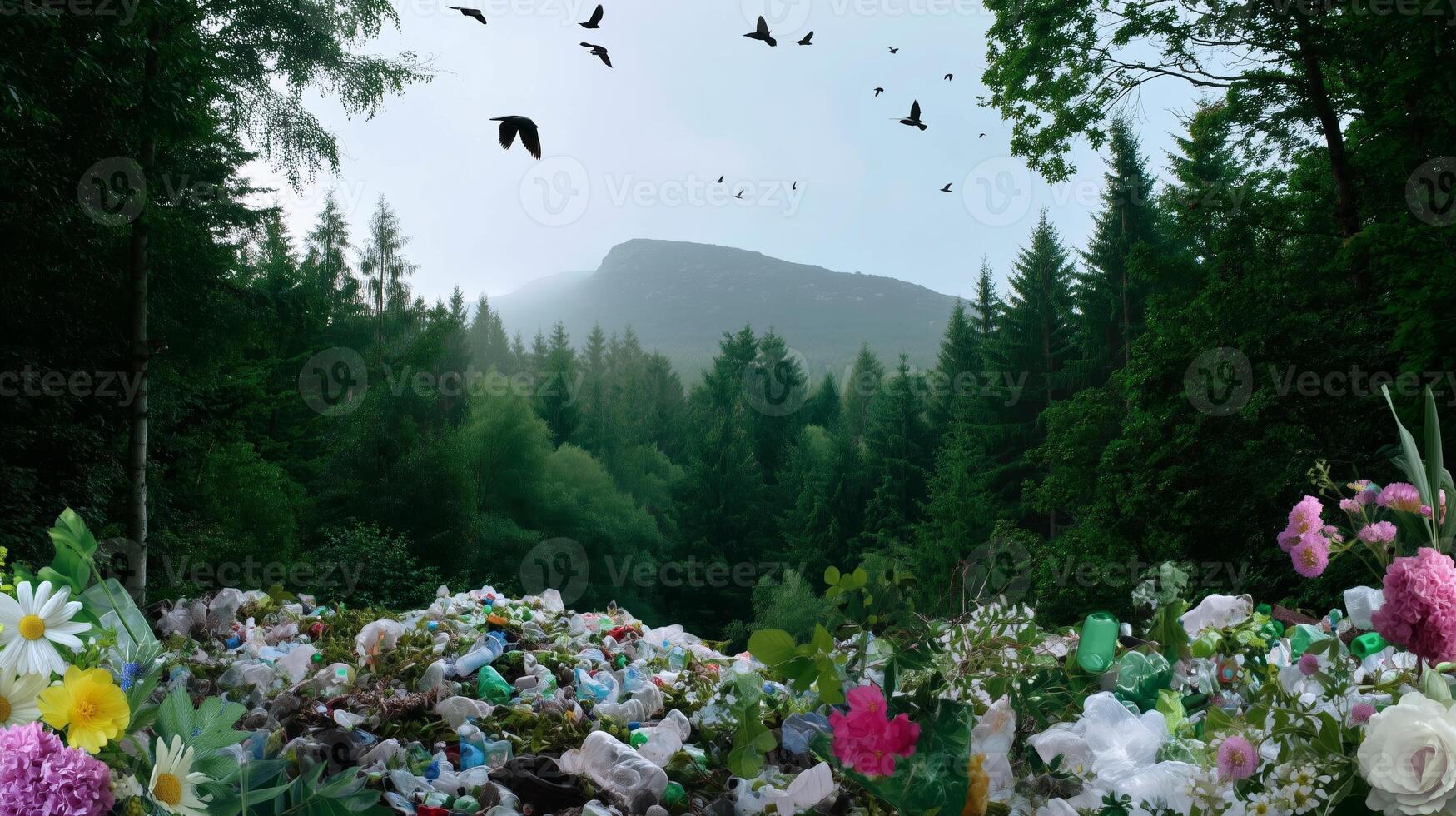 Litter and flora contrast against a forest backdrop with mountains in the distance during overcast weather photo