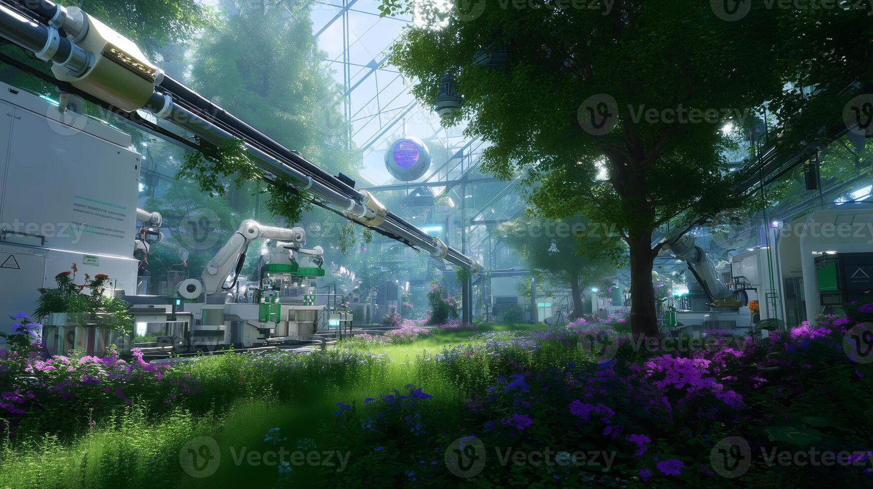 Futuristic greenhouse with robotic systems tending to vibrant plant life in a lush environment photo