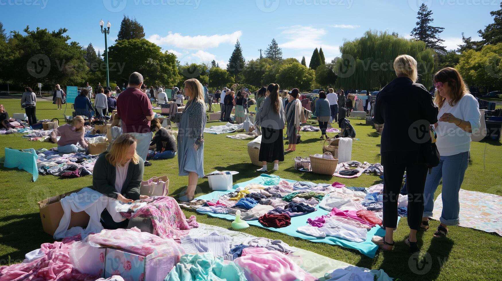 Community members gather for a lively outdoor market event showcasing secondhand clothes amidst sunny weather and green surroundings photo