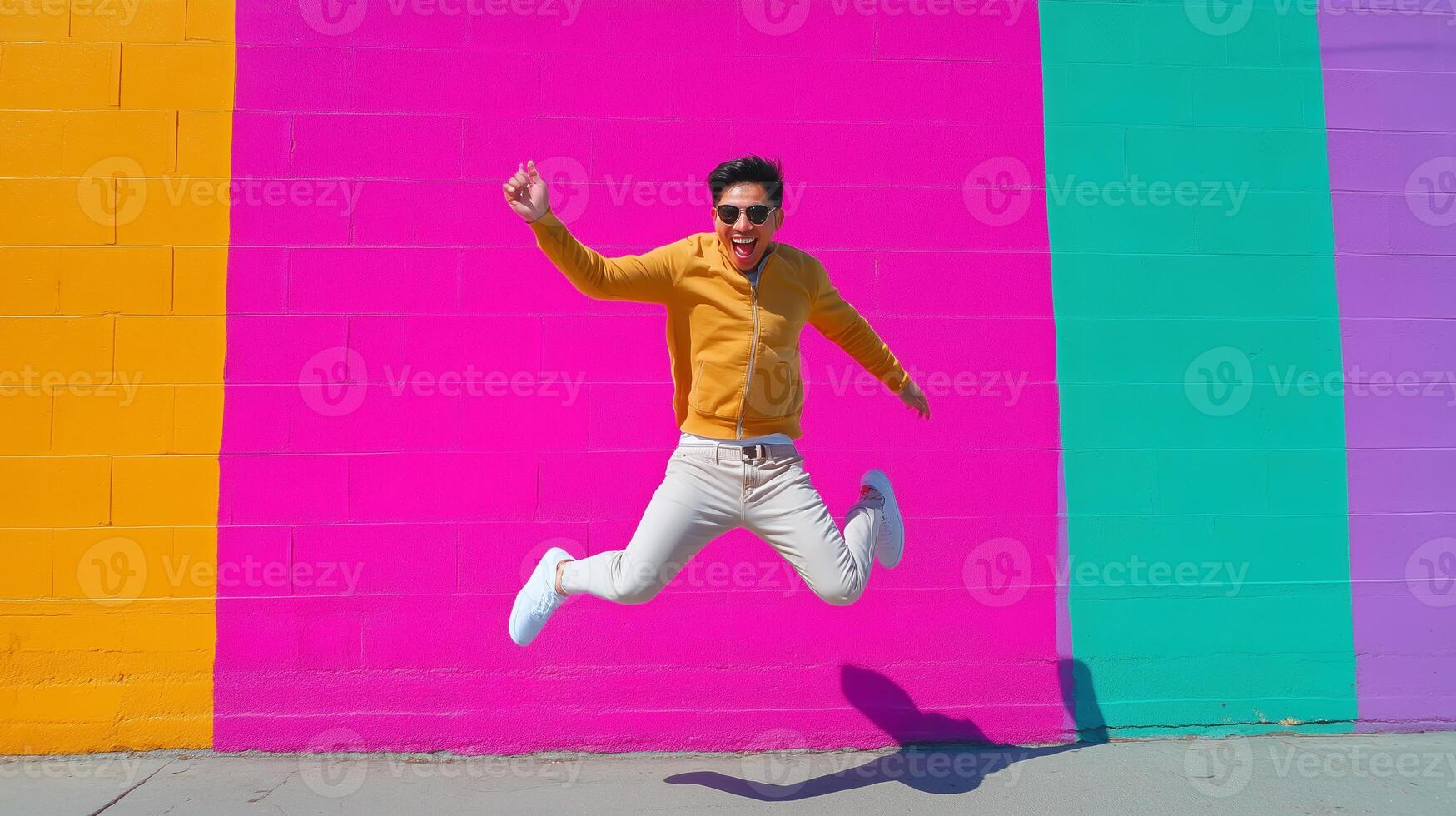 Man jumps with joy in front of colorful wall art in urban setting during daylight hours photo