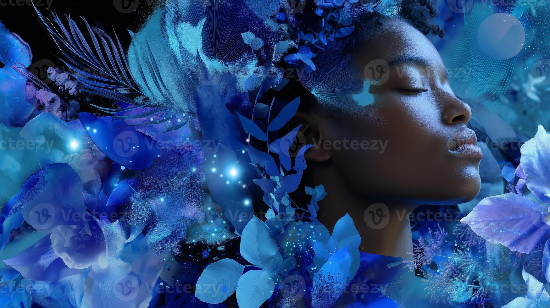 Woman with closed eyes surrounded by blue floral designs represents tranquility and serenity in nature photo