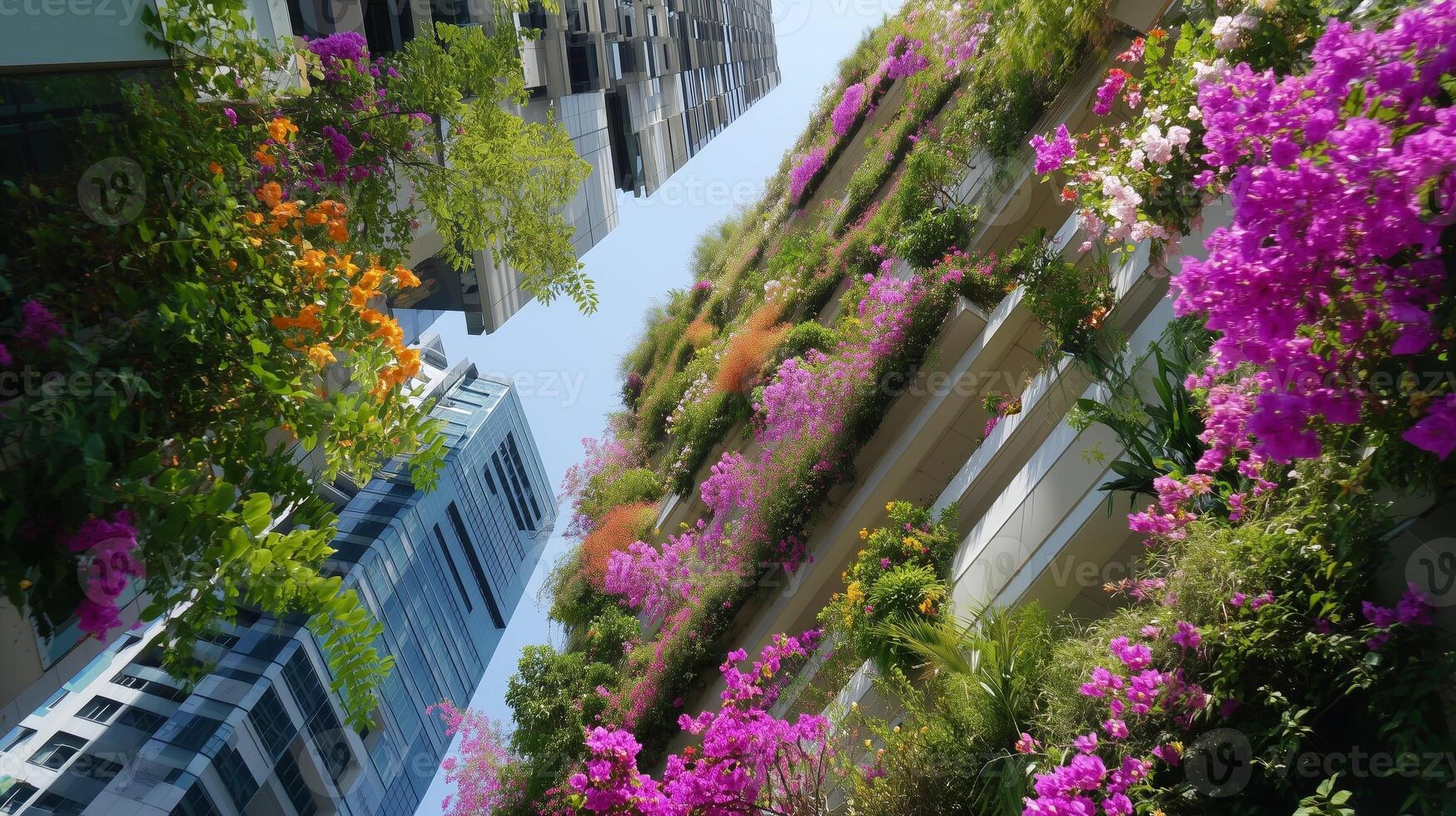 Vibrant balcony garden full of blooming flowers in an urban setting under bright blue sky photo