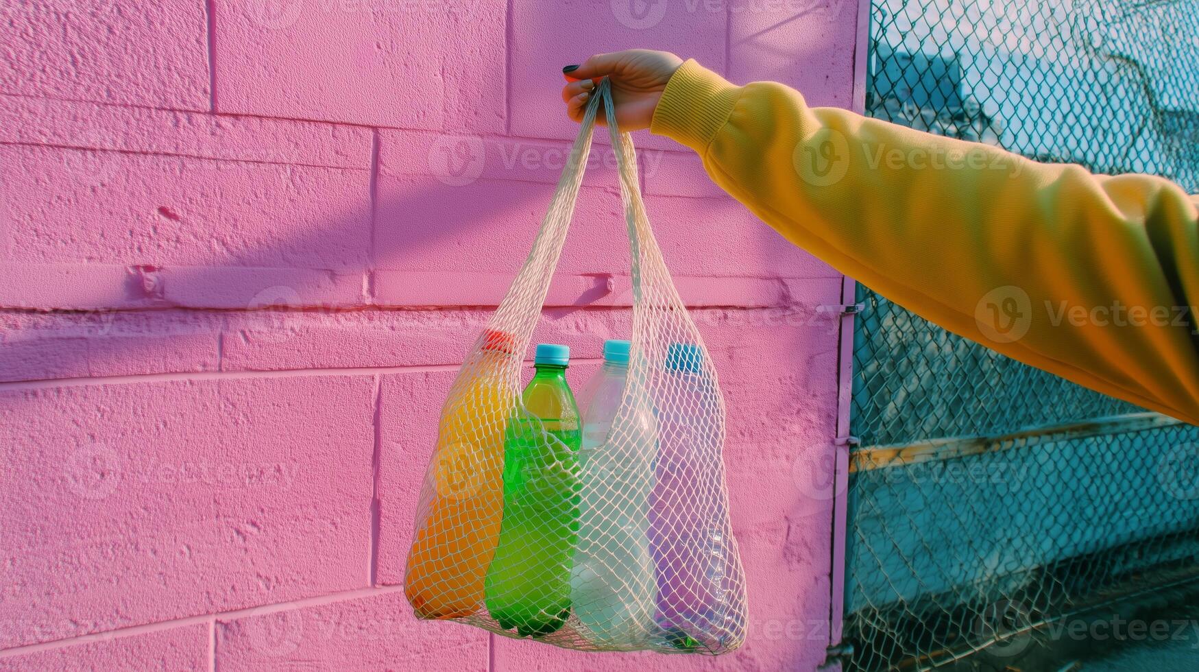 Brightly colored plastic bottles in a mesh bag against a vibrant pink wall in an urban environment during daylight photo