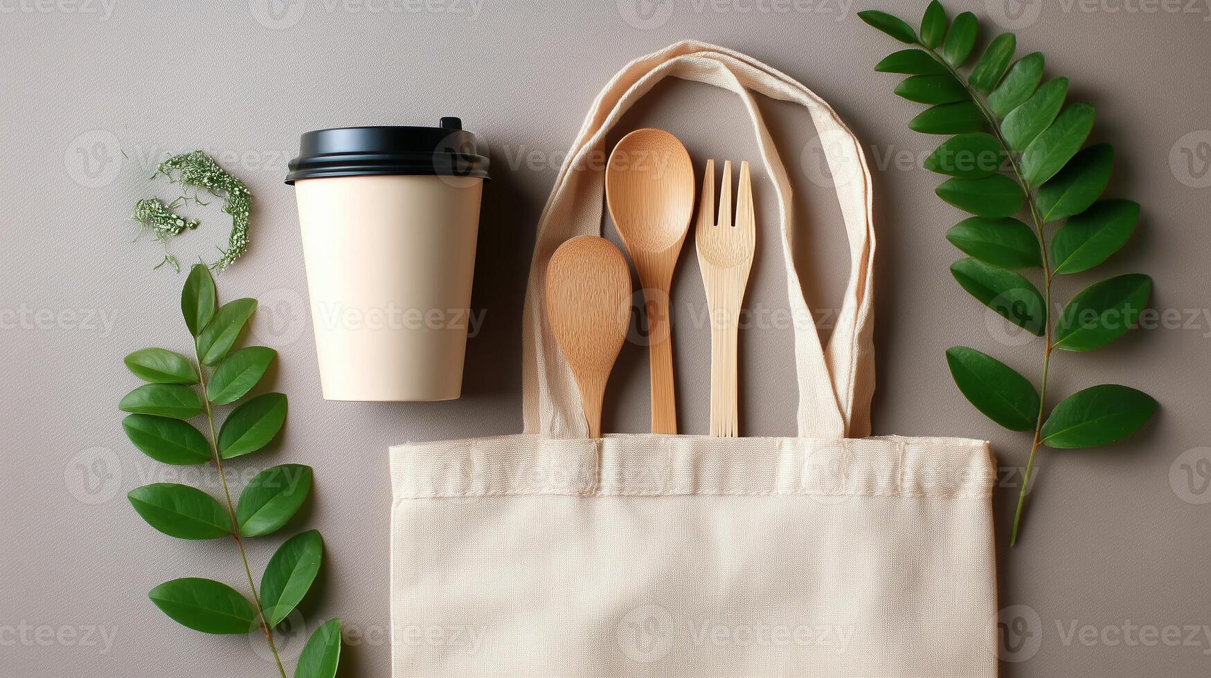 Stylish reusable tote bag with utensils and a coffee cup on a neutral background showcasing eco-friendly choices photo