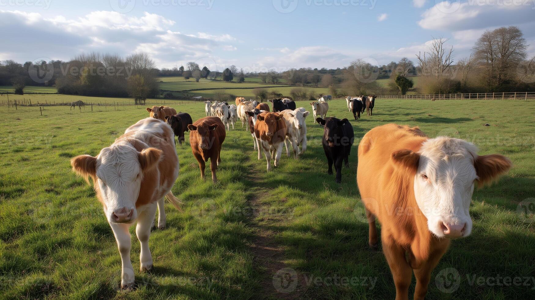 Cows grazing in a lush green field on a sunny day, showcasing a peaceful rural landscape photo