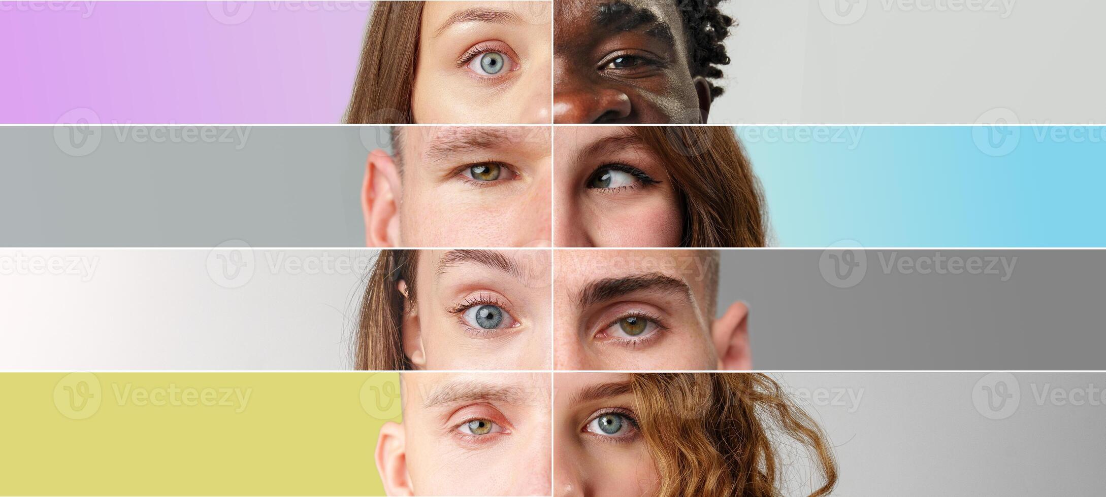 Diverse array of human eyes showcasing a spectrum of colors and features on a neutral background with vibrant gradients photo