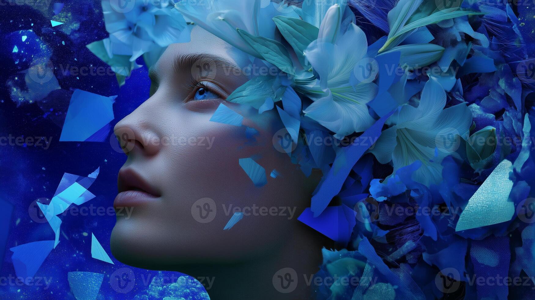 Creative portrait featuring a woman with a floral headdress against a cosmic blue background, symbolizing beauty and serenity in an ethereal setting photo