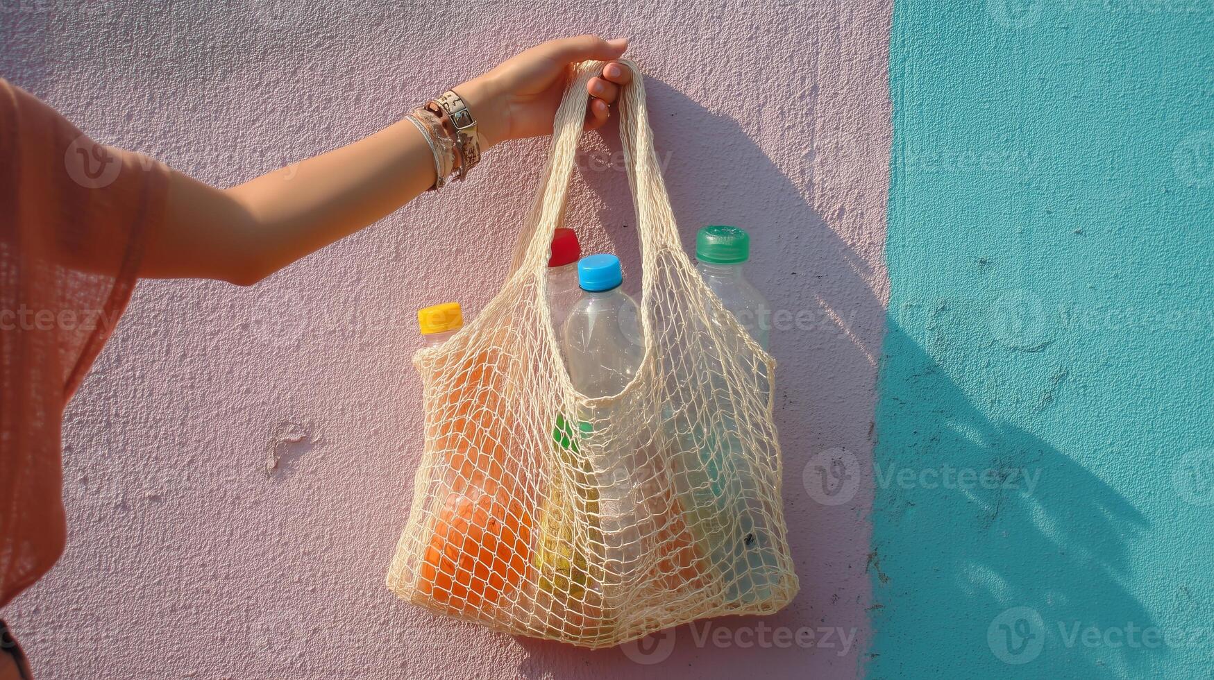 Hand holding a net bag with bottles against a colorful wall in a vibrant urban setting photo