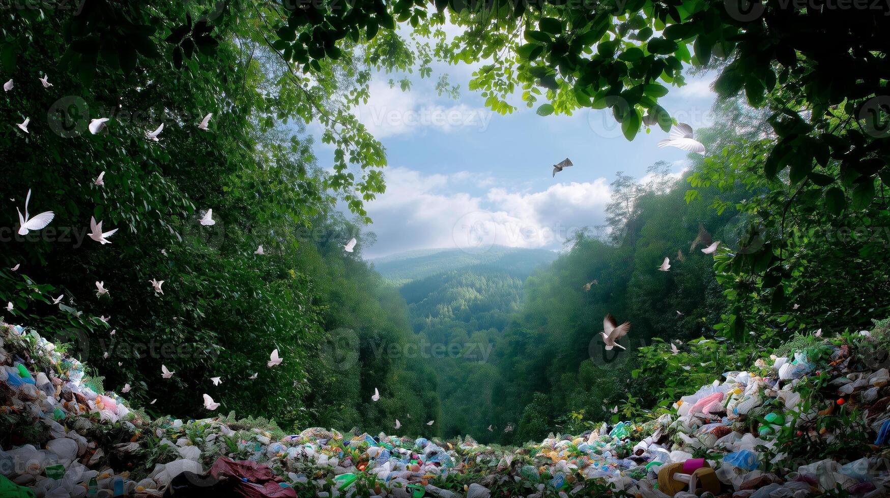 Efforts to restore nature amid a sea of waste in a forest landscape reveals the contrast between pollution and beauty photo