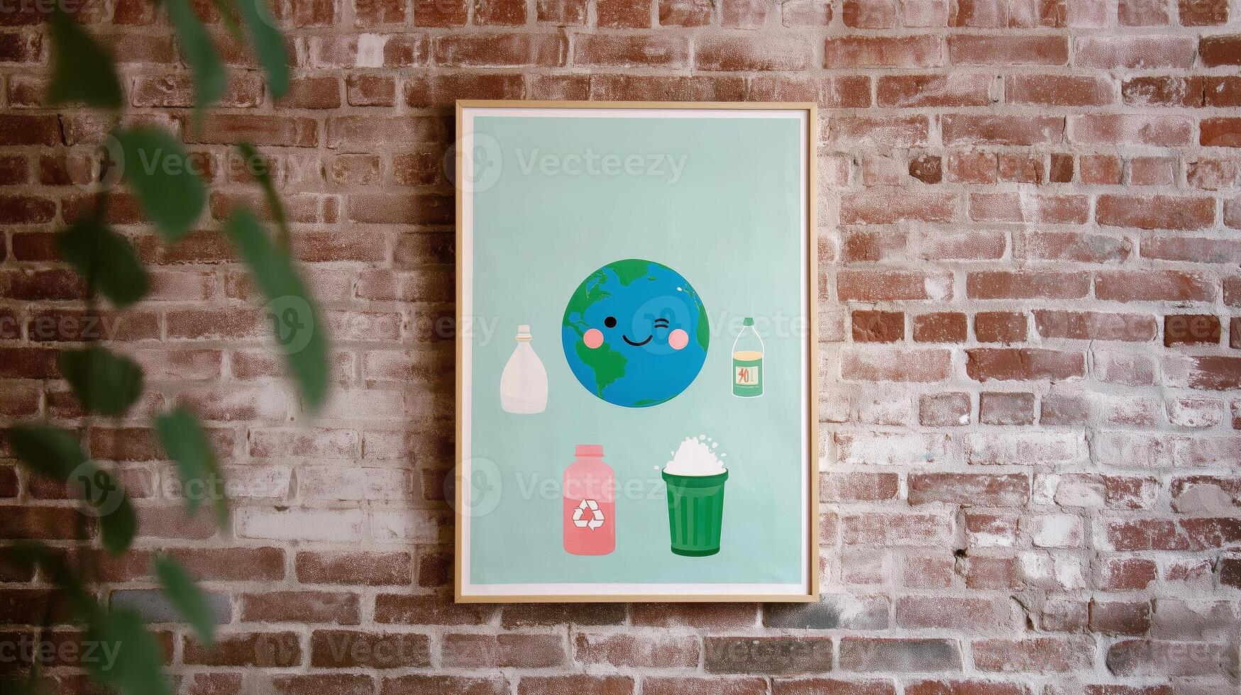 Artwork depicting a smiling Earth surrounded by recycling symbols and bottles in a cozy urban setting photo