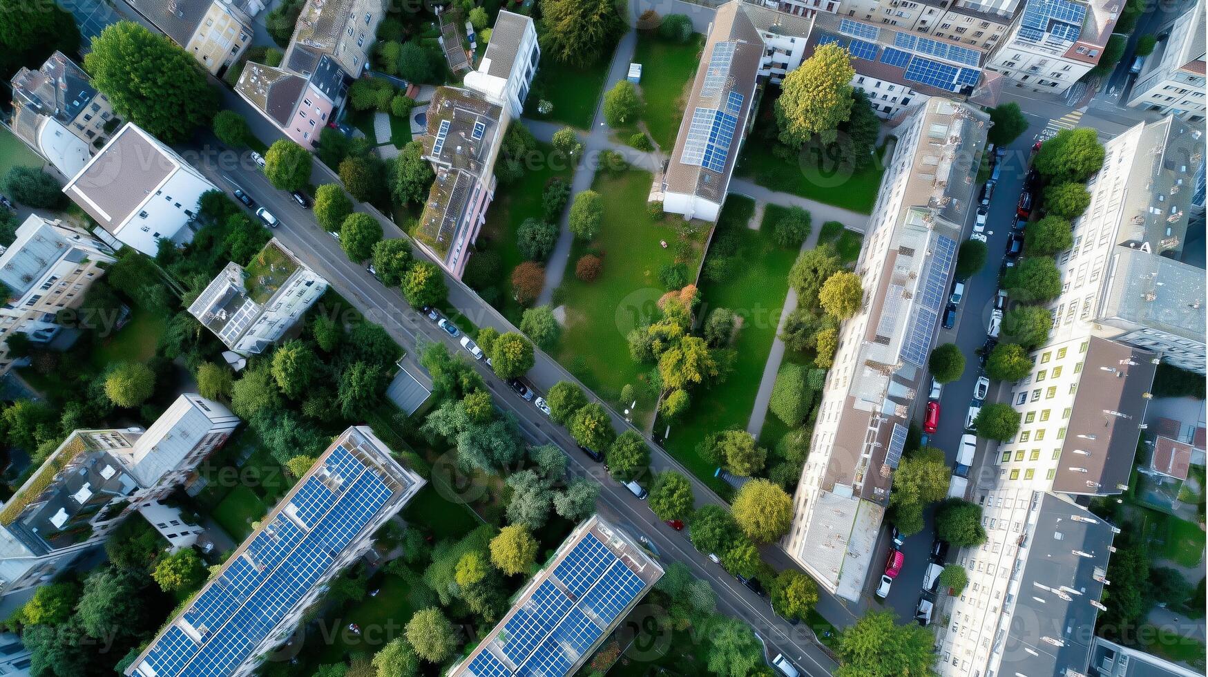 Urban greenery enhances city living in a residential area with solar panels and gardens during daylight hours photo