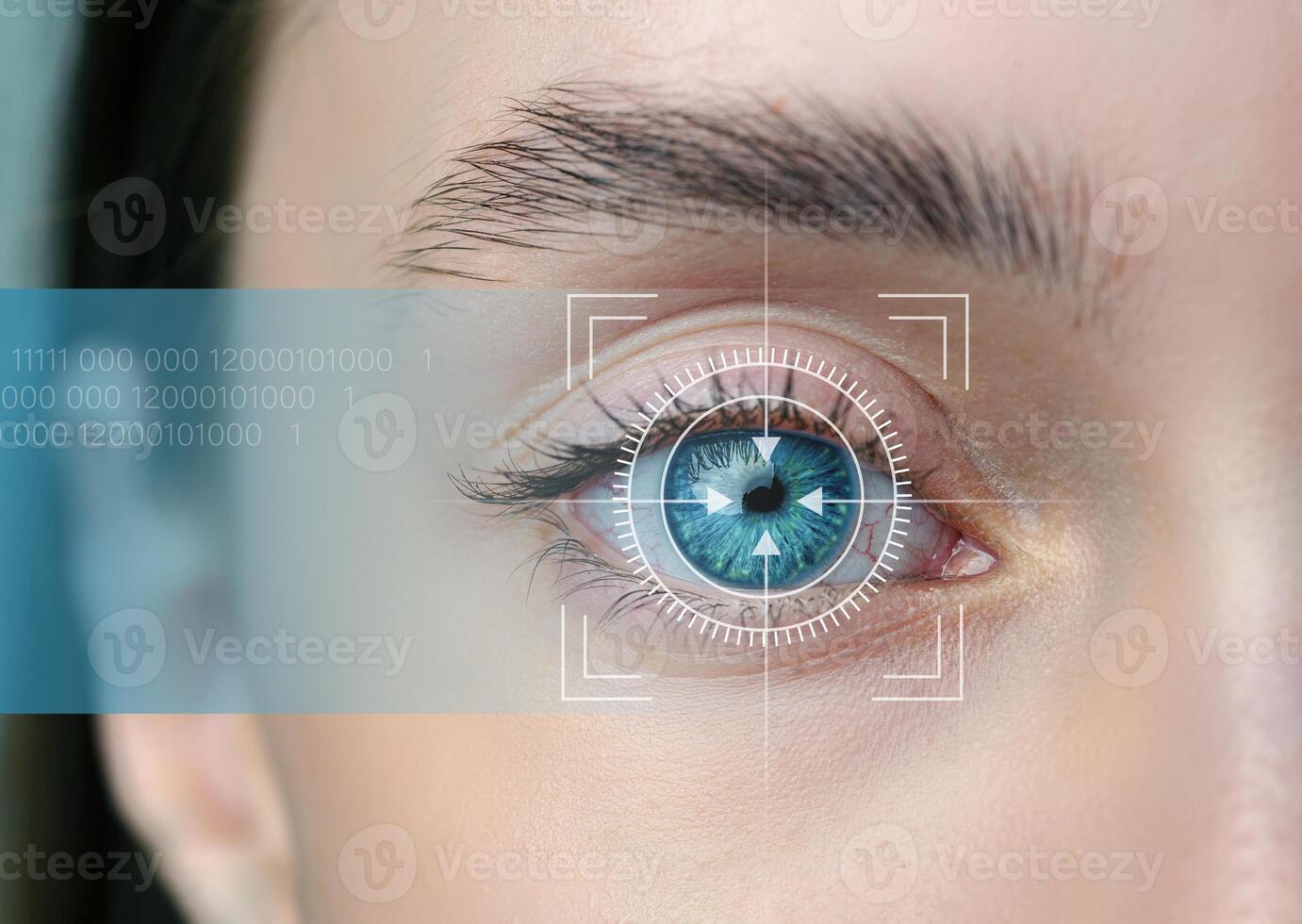 Close-up view of a human eye with digital scanning technology overlay indicating biometric identification process photo