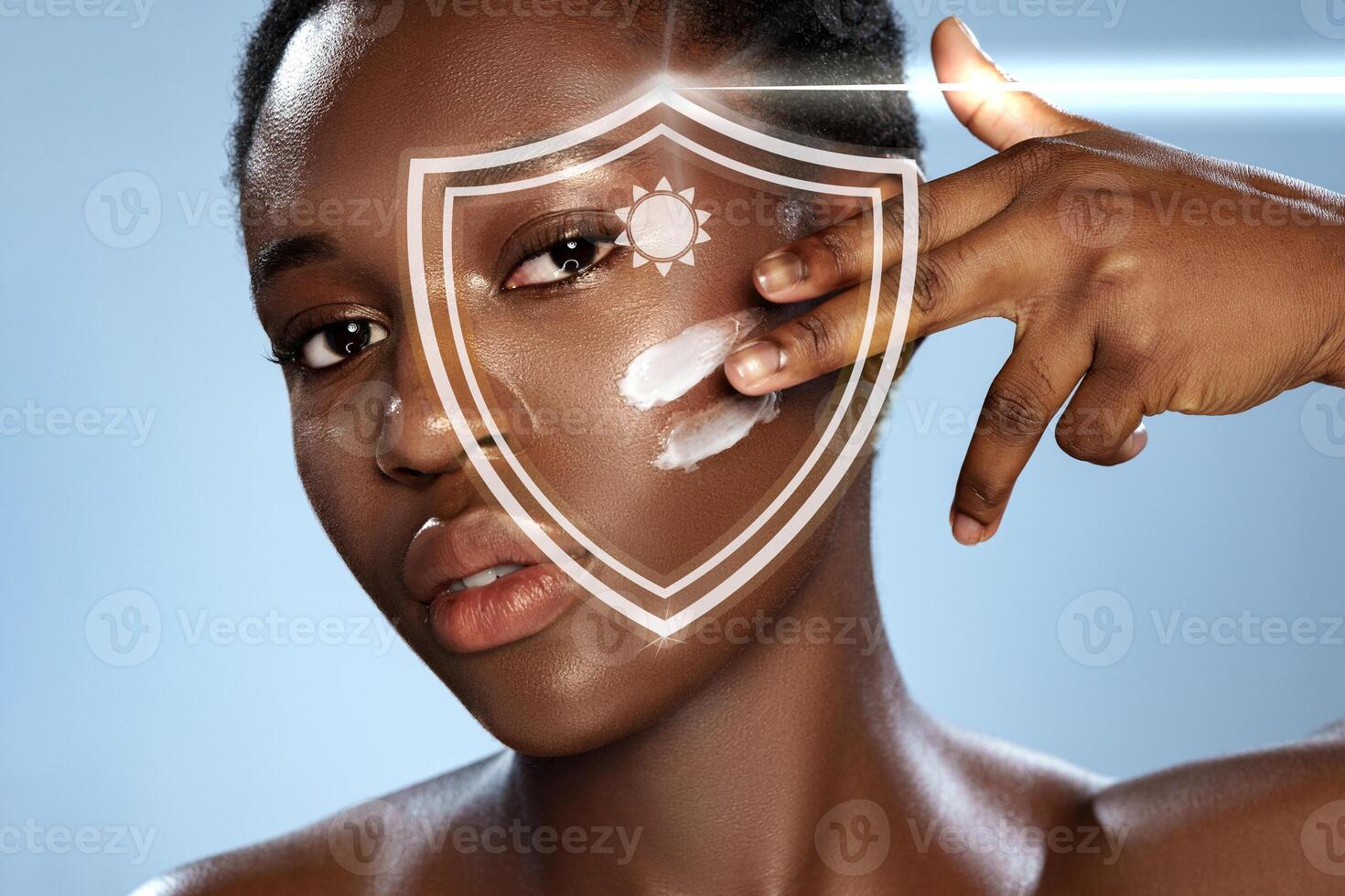 Skin care routine showcasing a woman applying sunscreen for protection against harmful sun rays indoors photo