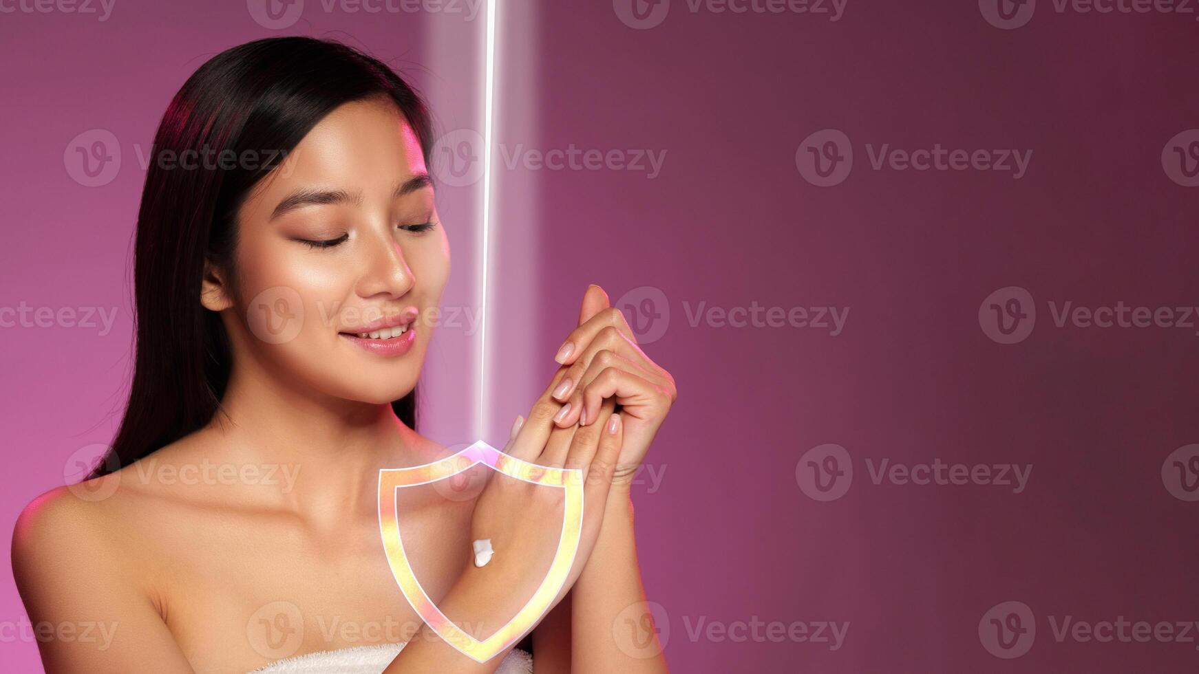 Woman applying skincare product on her wrist under soft lighting in a beauty studio setting photo