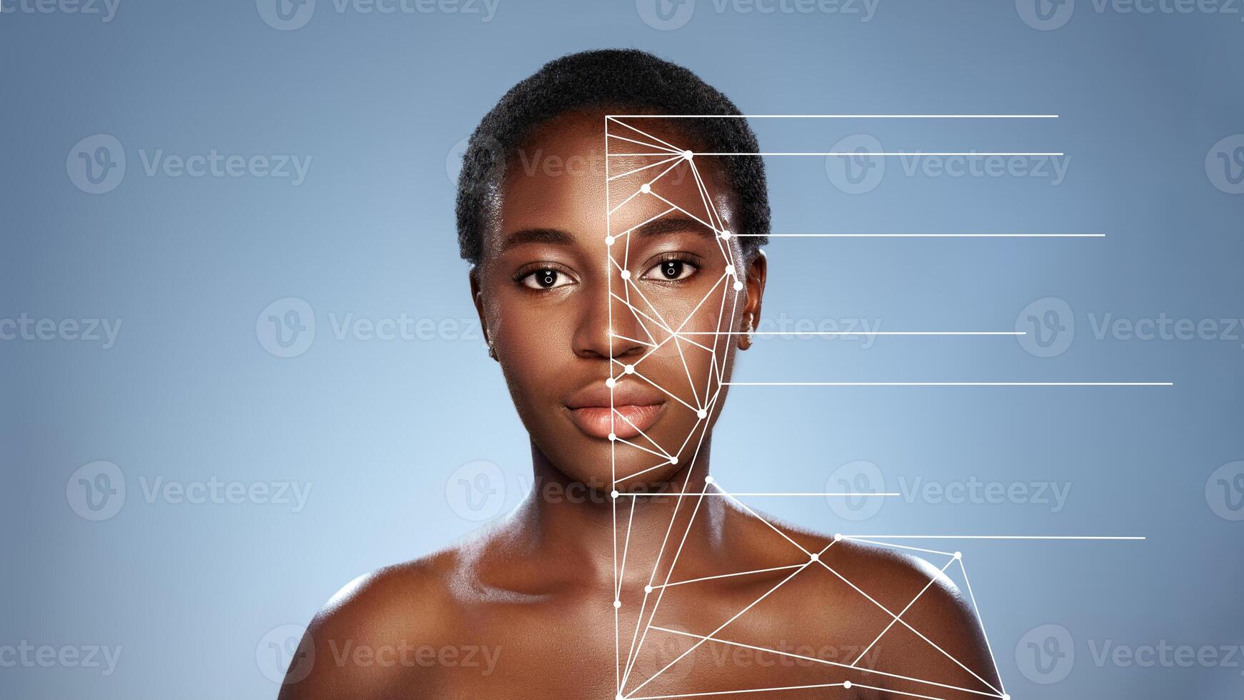 Face analysis showcasing digital overlay on a model's facial features in a studio setting photo