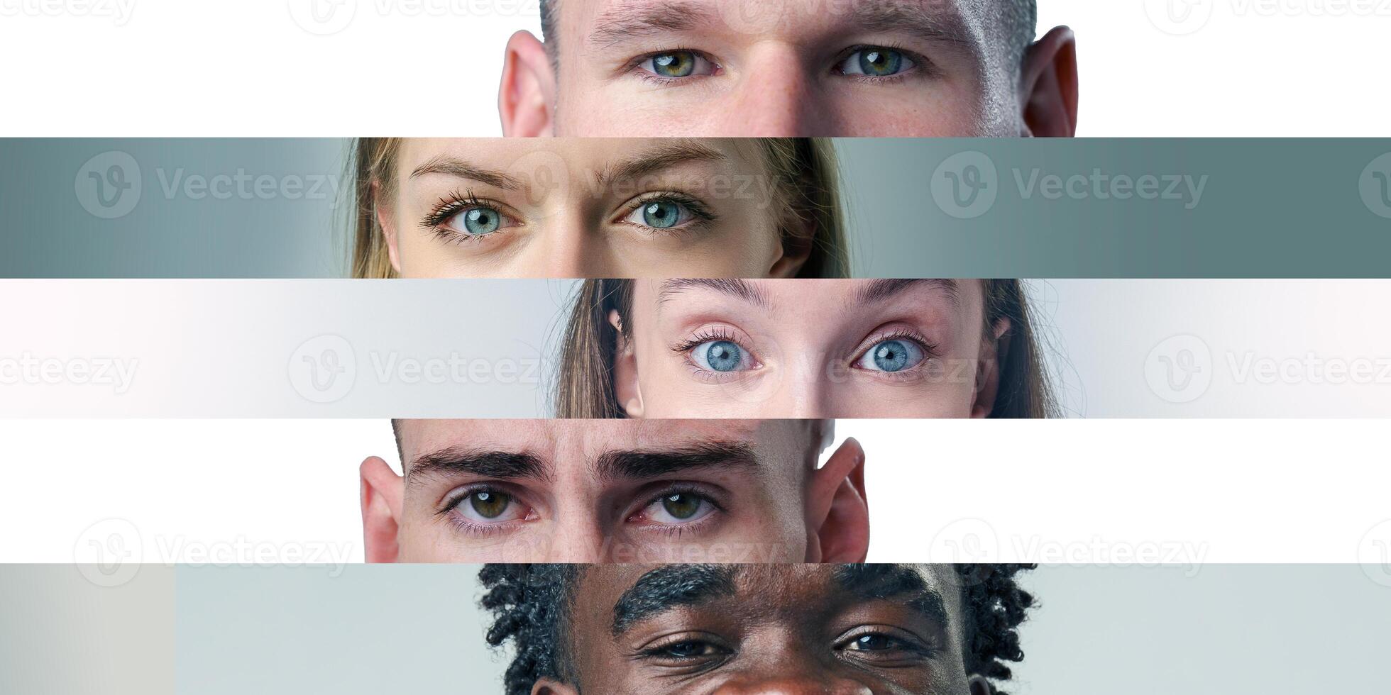 Diverse group of people showcasing various eye colors and expressions with a minimalist background photo