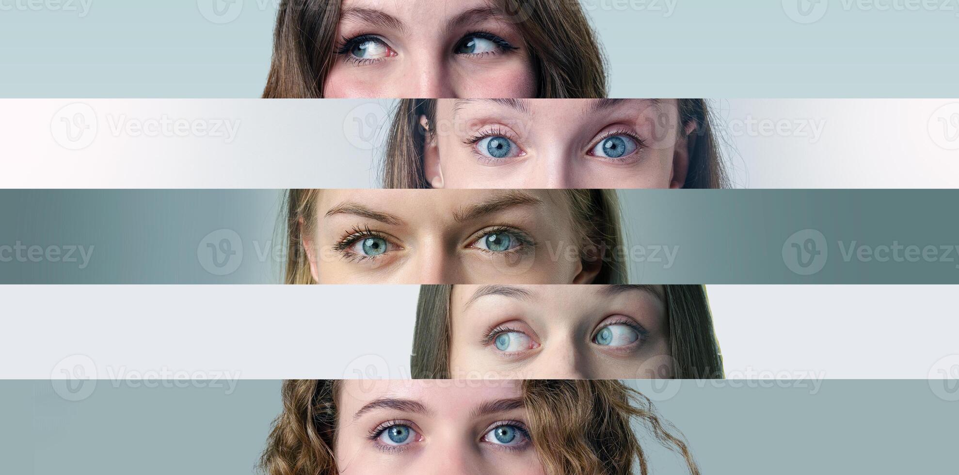 Various close-up perspectives of eyes showcasing diverse expressions and emotions in a creative artistic arrangement photo