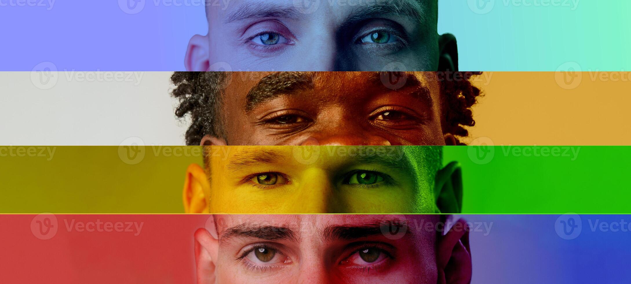 Diverse group of men with striking eyes and colorful backgrounds during a creative portrait session photo