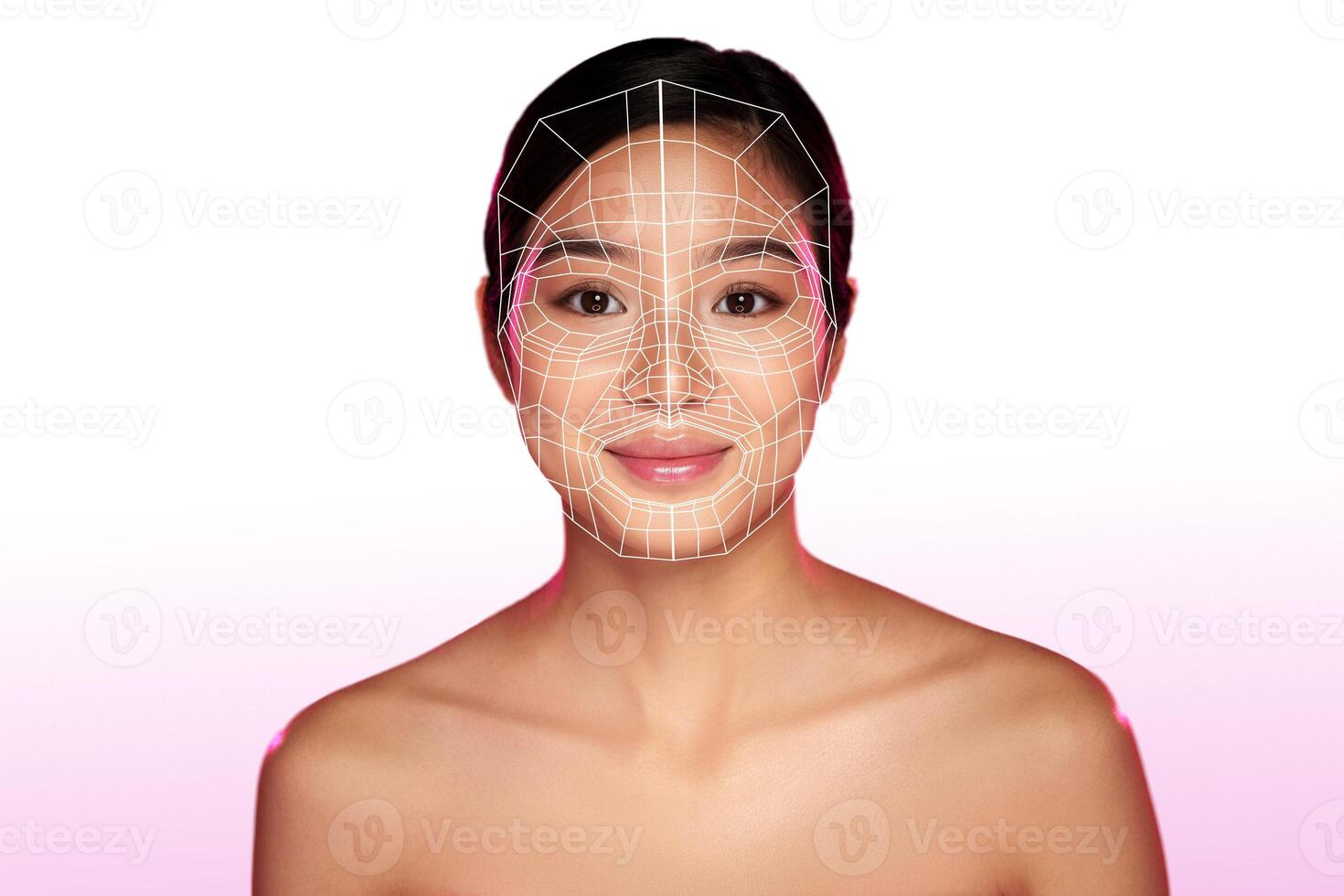 Facial analysis technology highlights a woman's features in stylized geometric overlay at a digital art exhibition photo