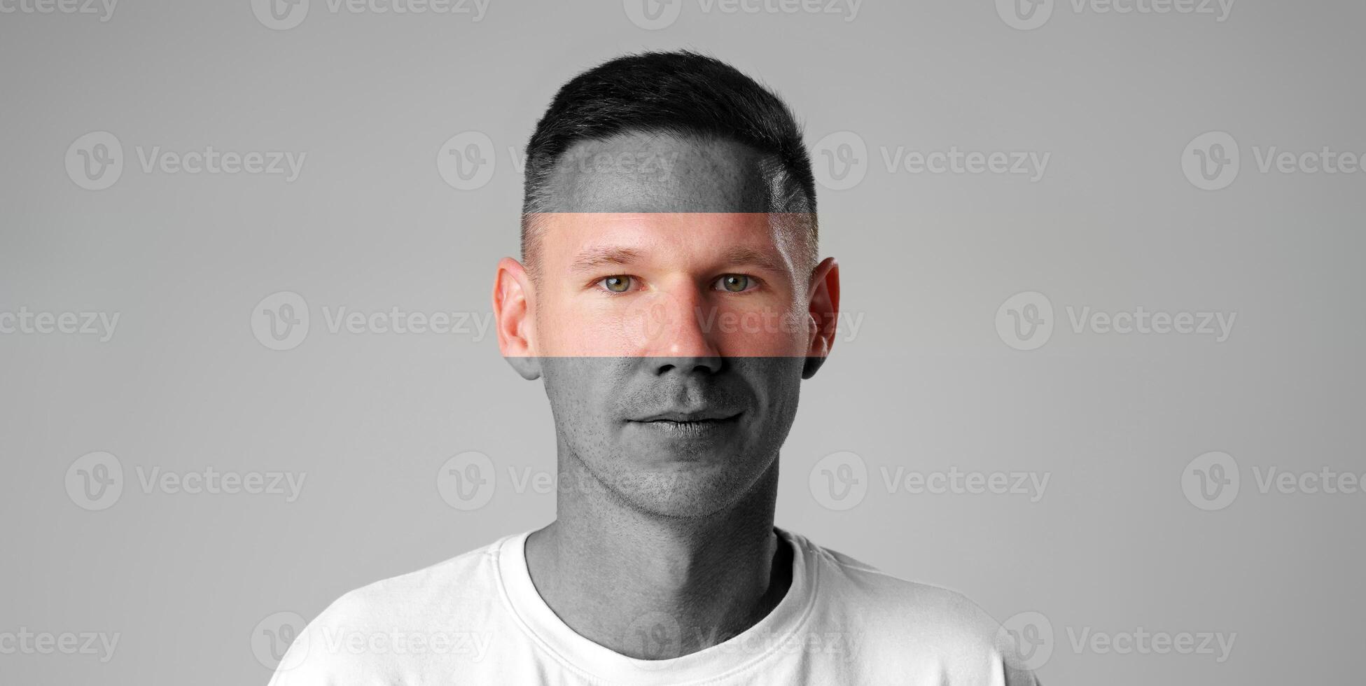 Artistic portrait of a man with abstract overlay in a minimalist setting during daylight photo