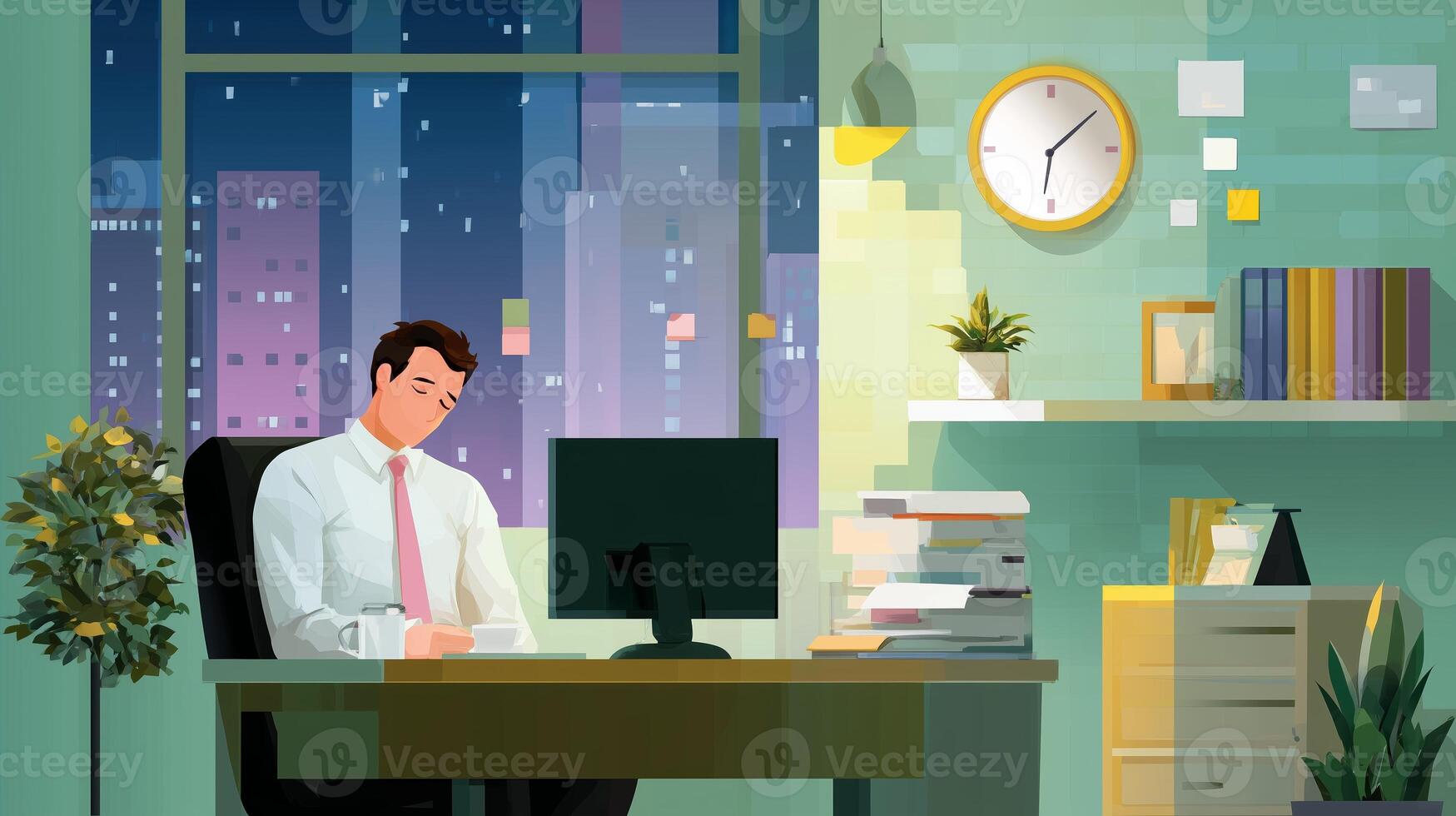 Working late at night in a modern office with a view of city lights and a clock showing the time photo
