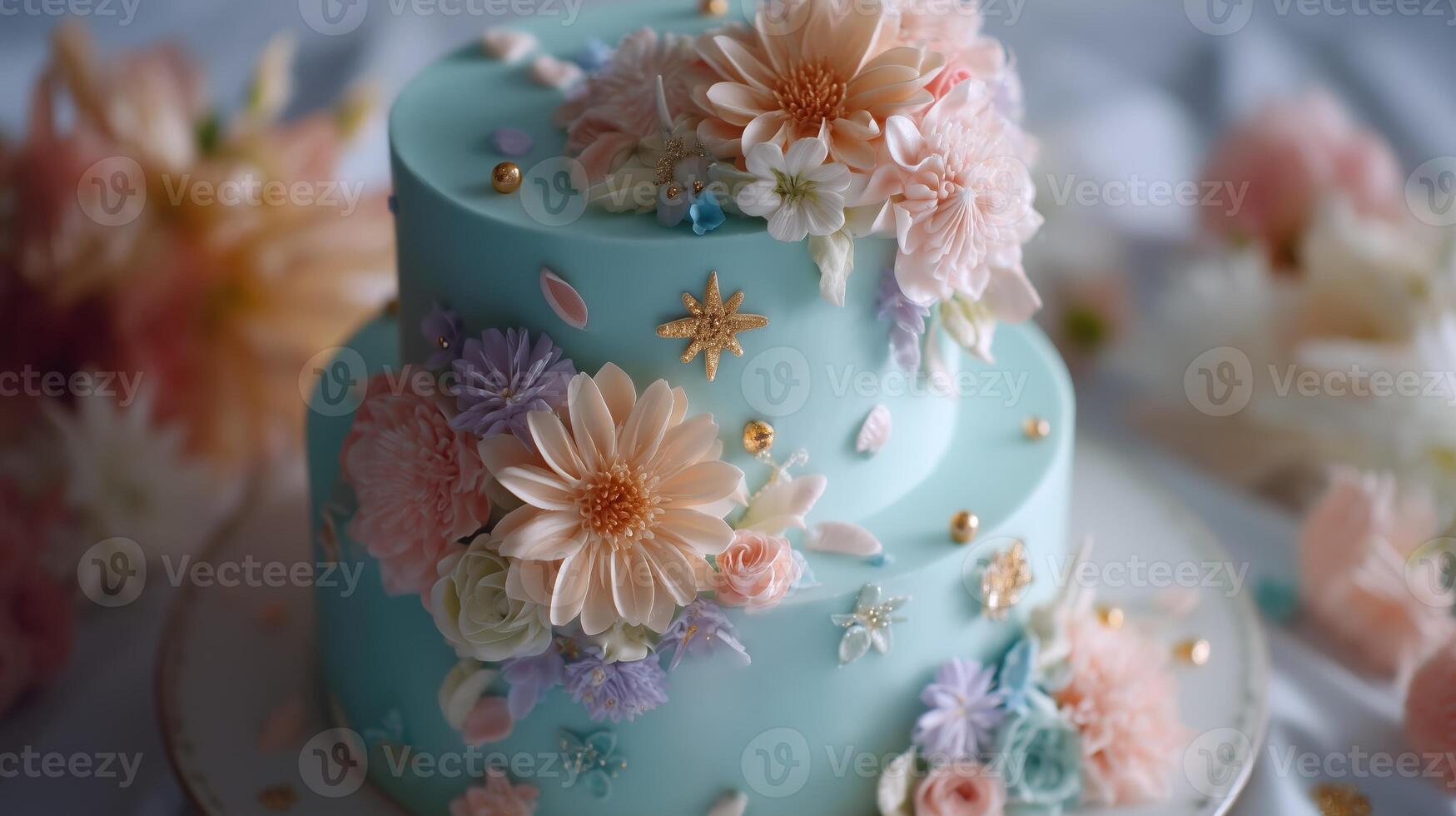 Elegant two-tier cake adorned with delicate flowers and pastel colors for a celebration photo