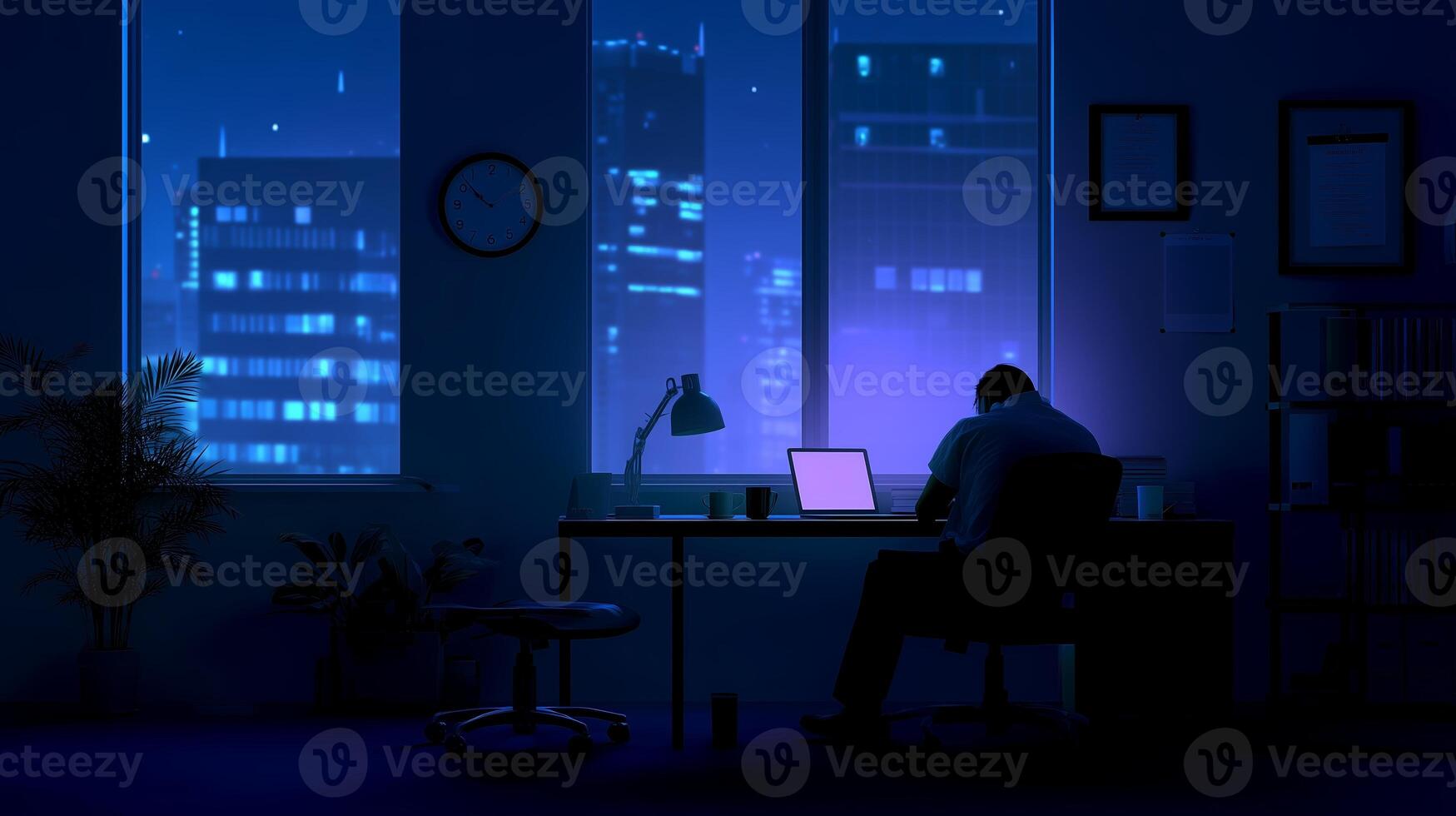 Lonely night of work in a dimly lit office with a view of a bustling city photo