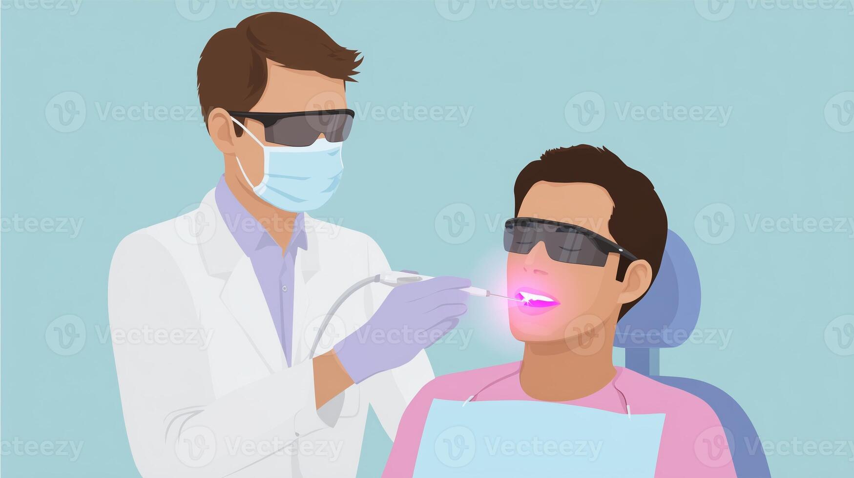 Dentist performing teeth whitening treatment on patient in modern office environment photo