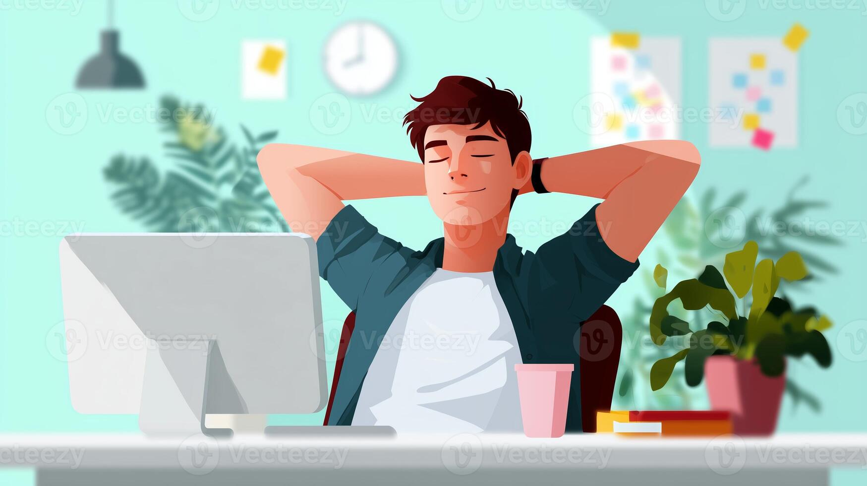 Relaxed young man enjoying a moment of calm at a modern workspace surrounded by plants and creative elements photo