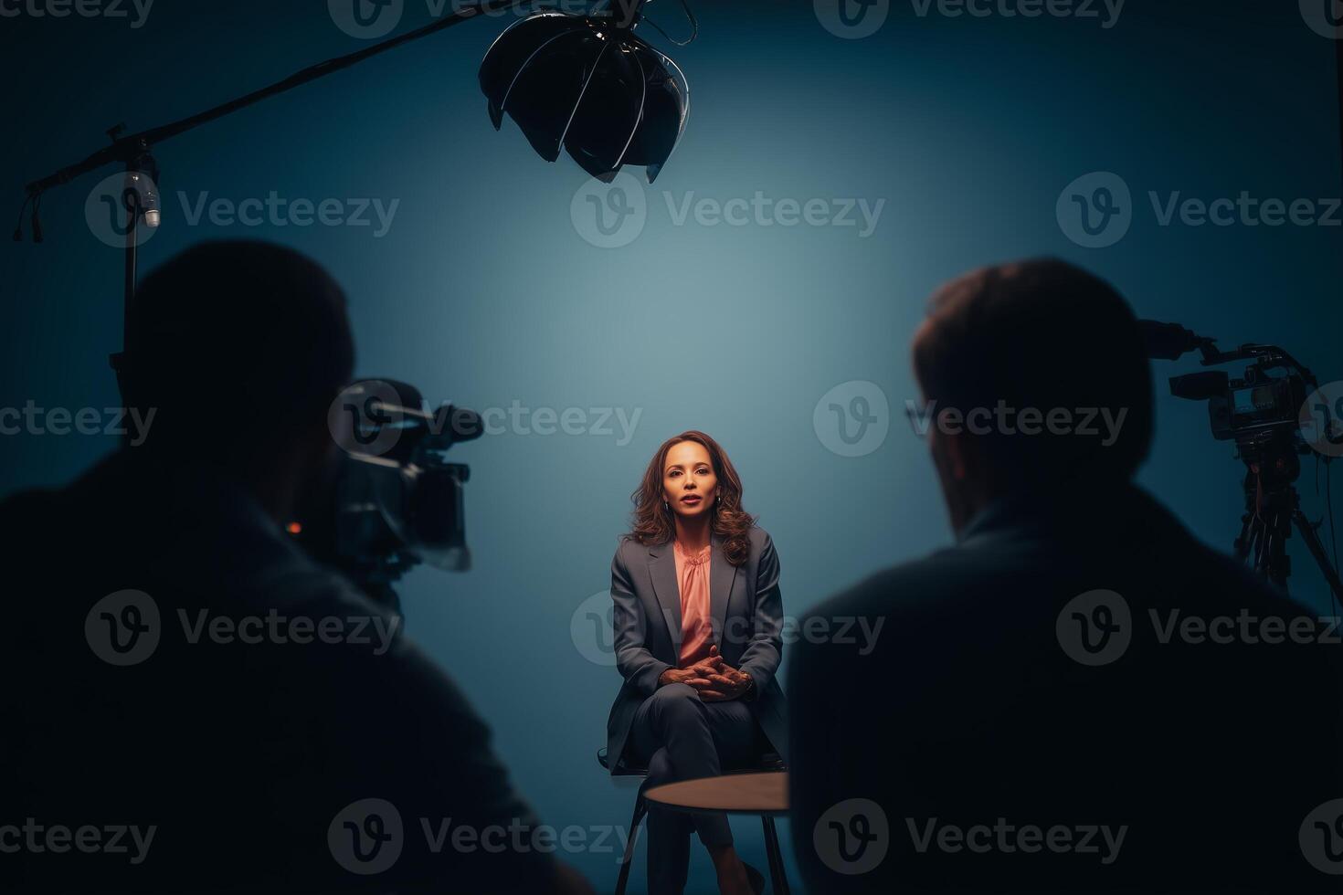 Interview session with a professional speaker against a solid blue backdrop in a studio setting photo