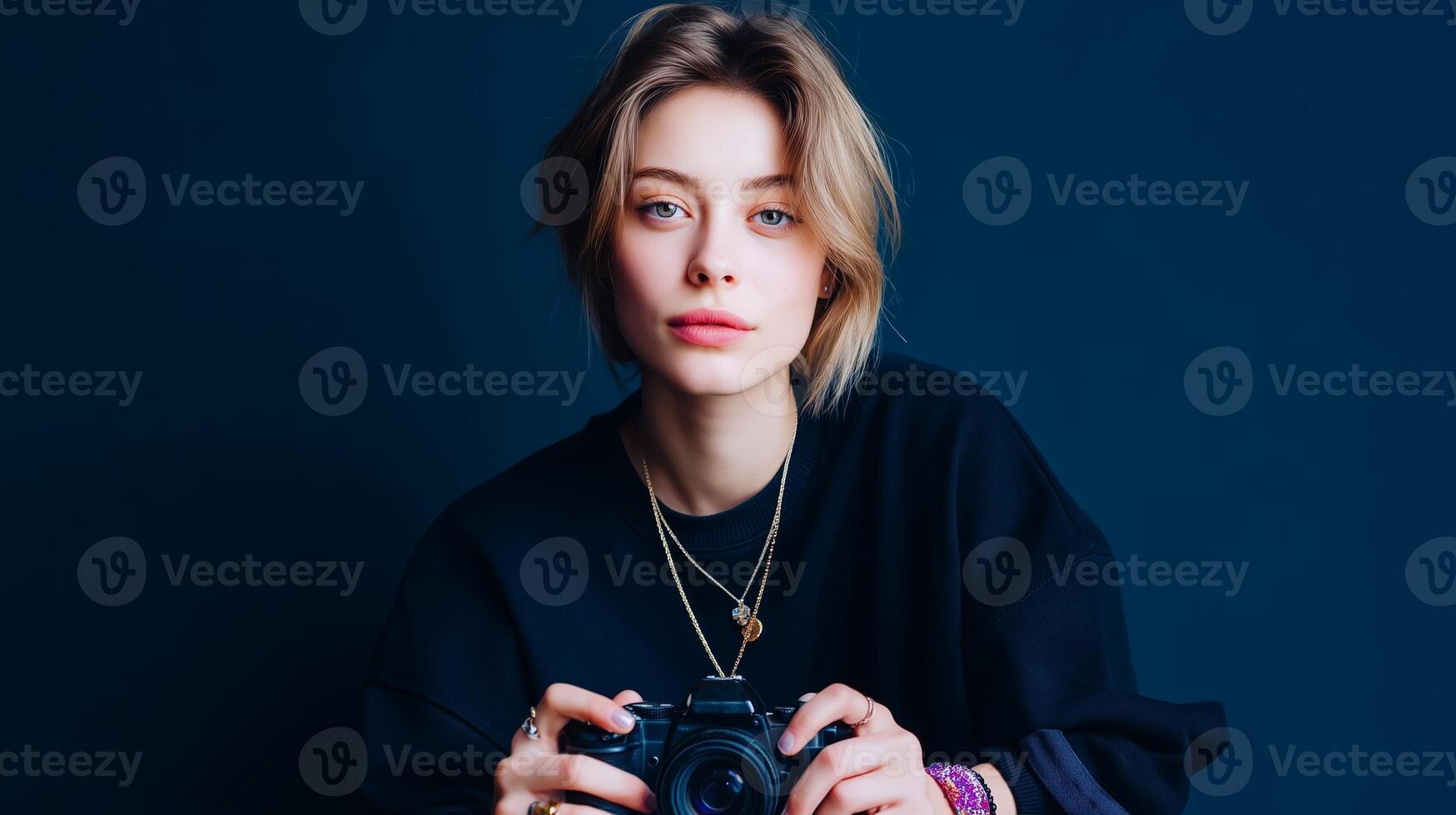 Woman holding camera poses against dark blue backdrop in studio setting during artistic photoshoot photo