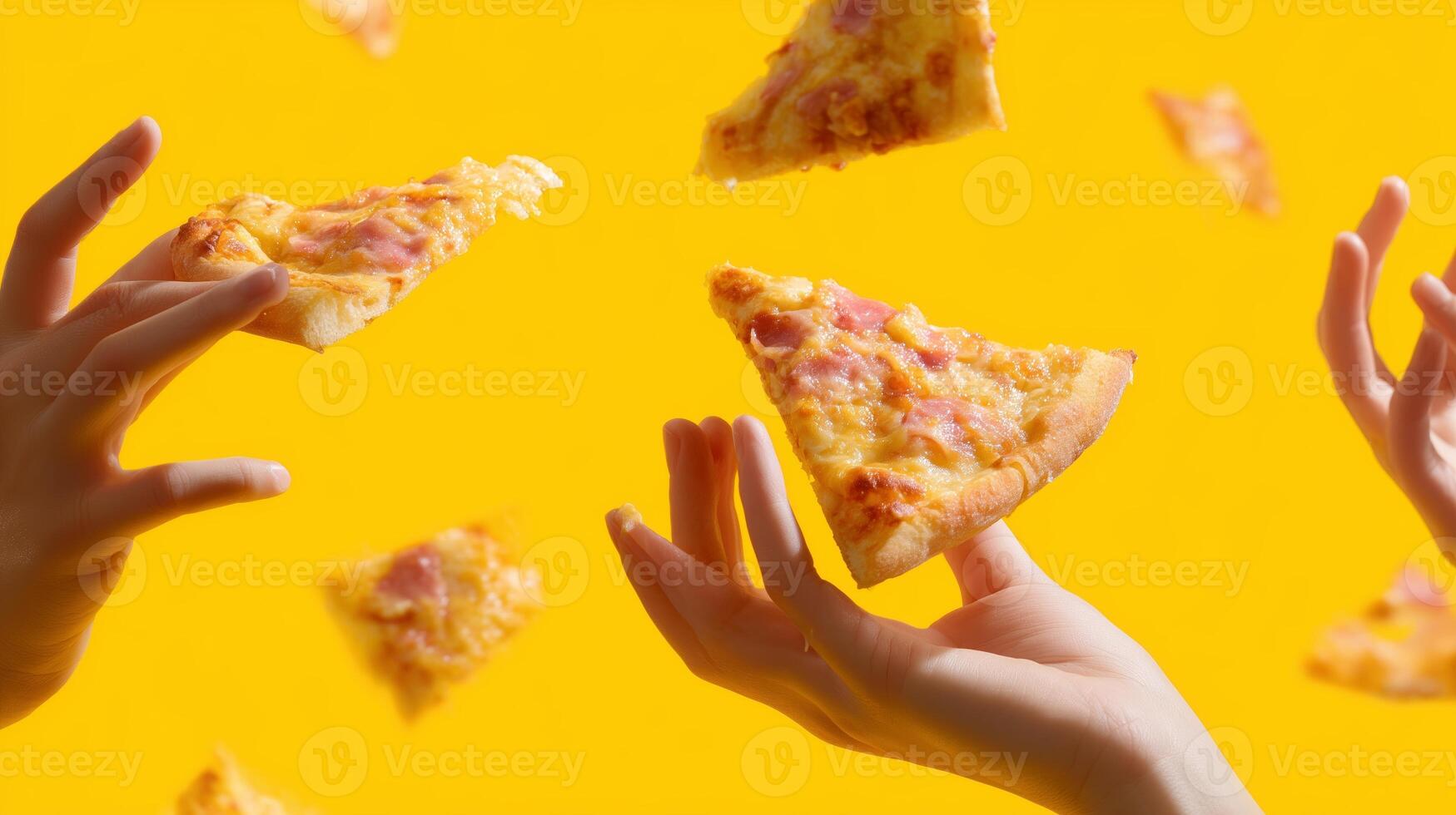 People catch flying pizza slices against a bright yellow background during a fun pizza-themed event photo