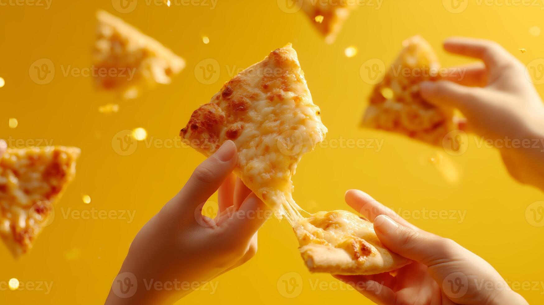 Melting cheese pulls over slices of pizza shared between hands on a bright yellow background during a cheerful gathering photo